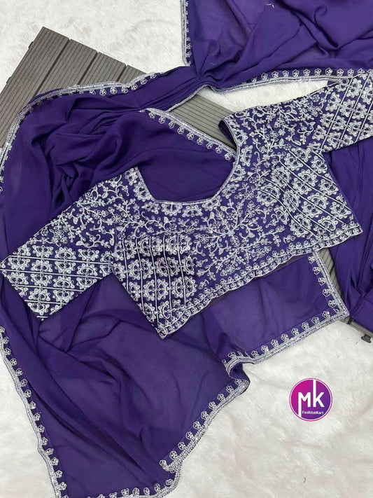 Ready to wear 1 minute Saree - Dark Purple Heavy Chinon embroidery cording work with fully stitched embroidery cording work blouse, Hip belt