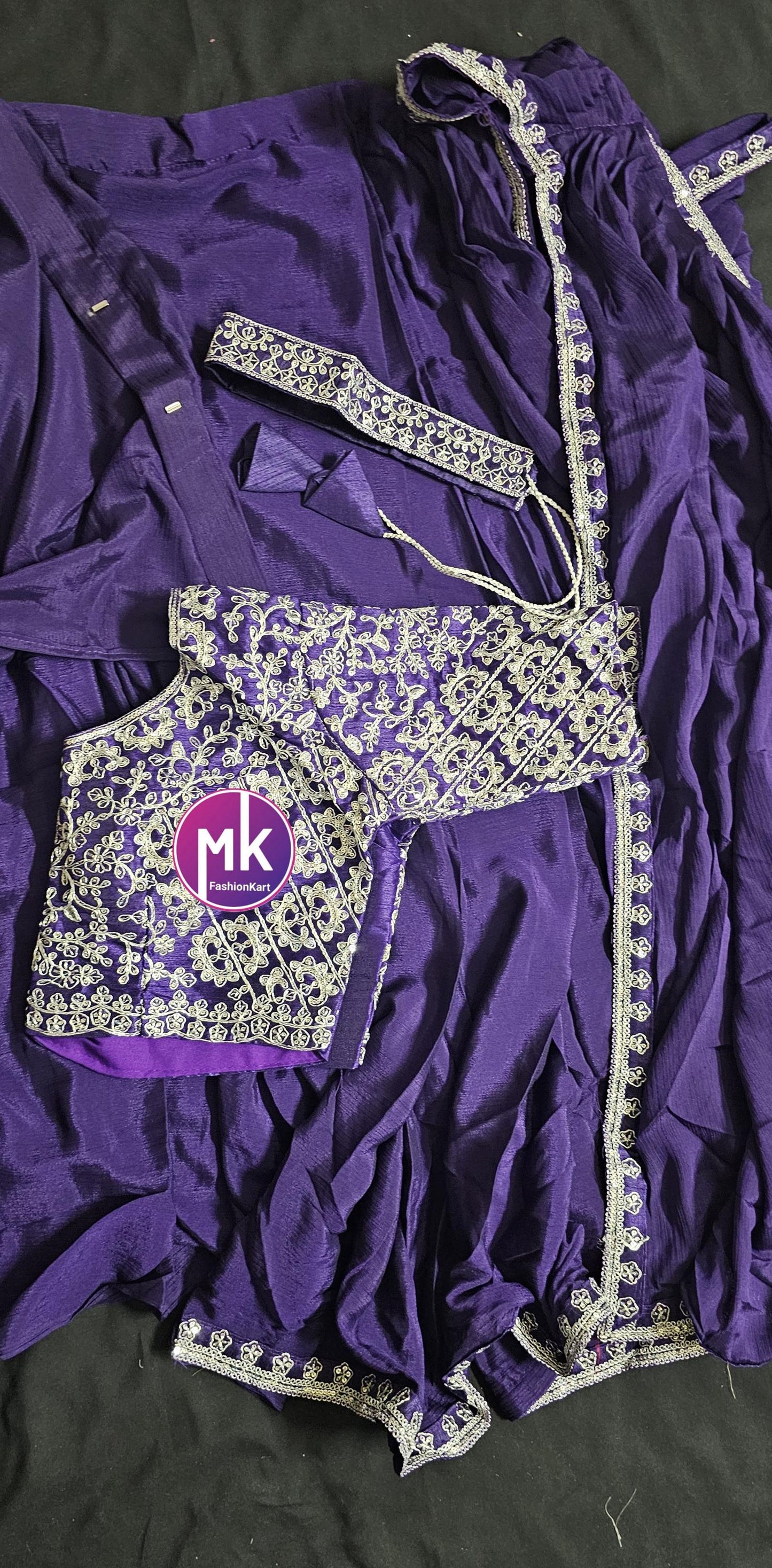 Ready to wear 1 minute Saree - Dark Purple Heavy Chinon embroidery cording work with fully stitched embroidery cording work blouse, Hip belt