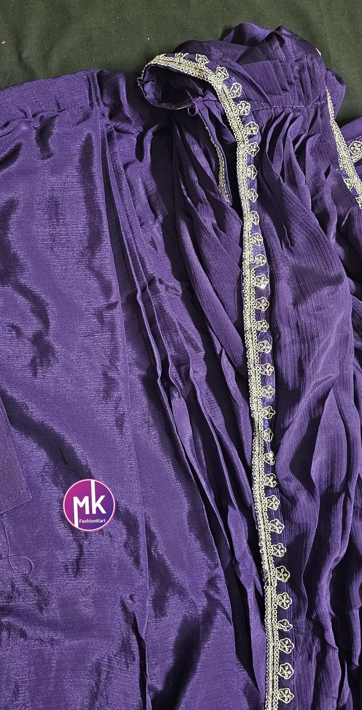 Ready to wear 1 minute Saree - Dark Purple Heavy Chinon embroidery cording work with fully stitched embroidery cording work blouse, Hip belt
