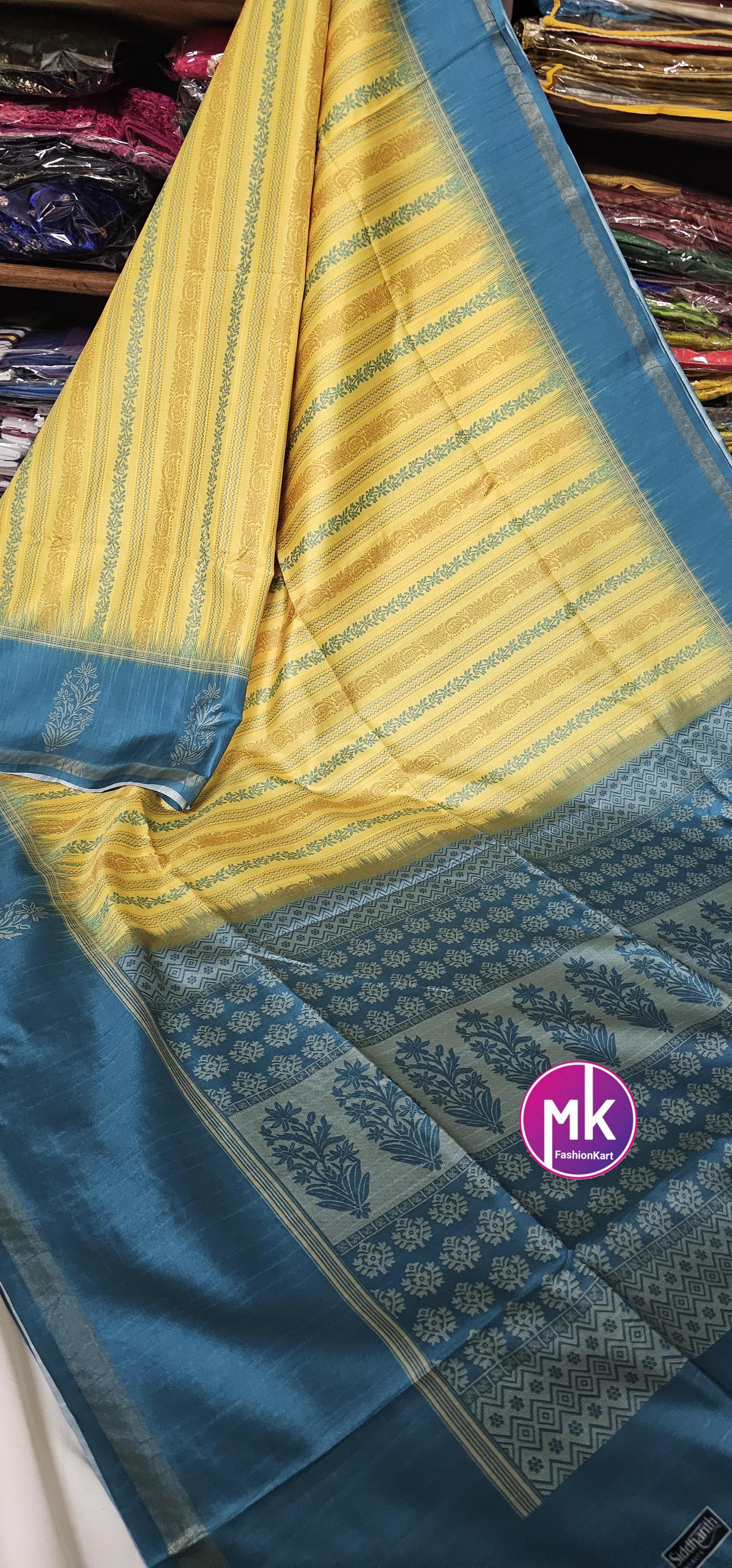 Soft Linen Banarasi cotton Silk w jari weaving rich pallu Saree heavy silk base butti jaquard running blouse (unstitched) - MK Fashionkart