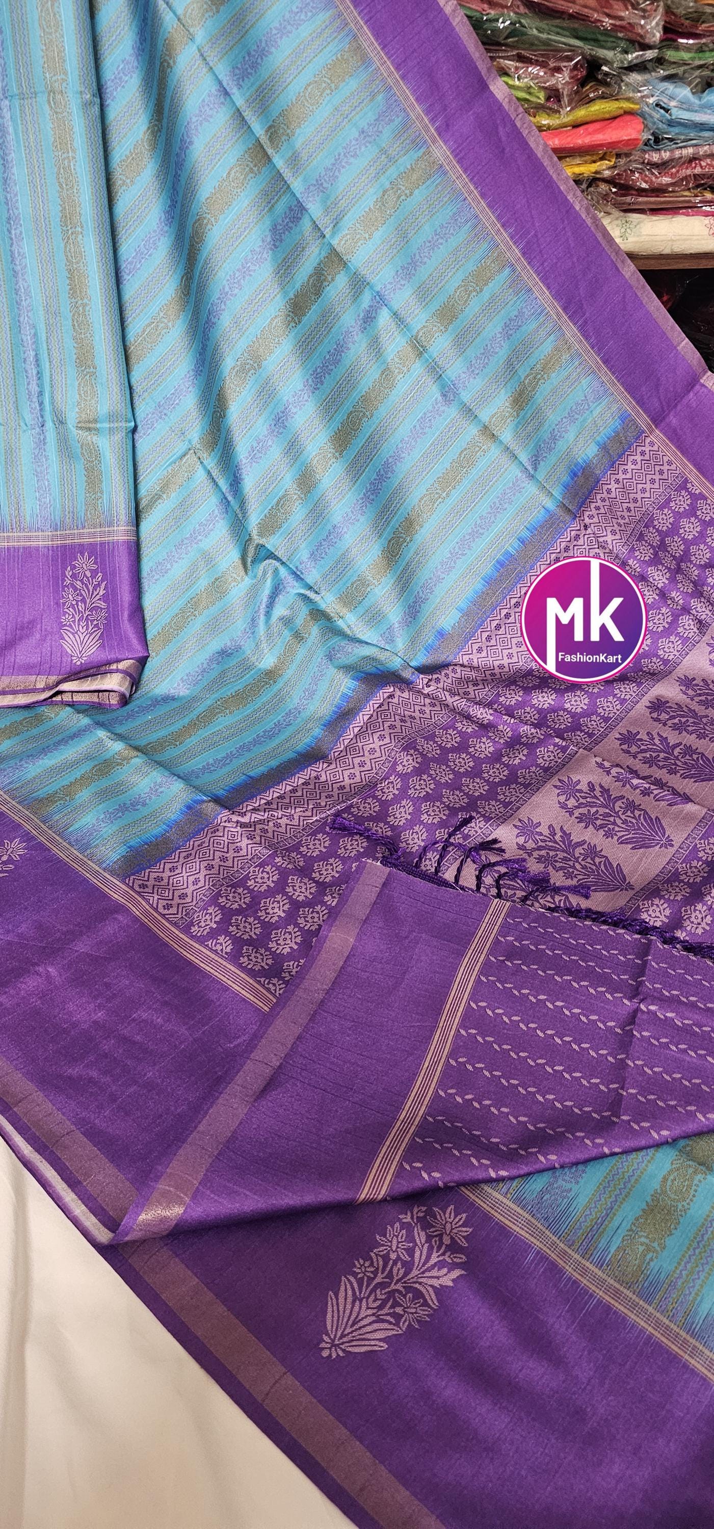 Pure Soft Lenin Banarasi cotton Silk w jari weaving Saree w heavy Silk Base butti jaquard running Blouse (unstitched) - MK Fashionkart