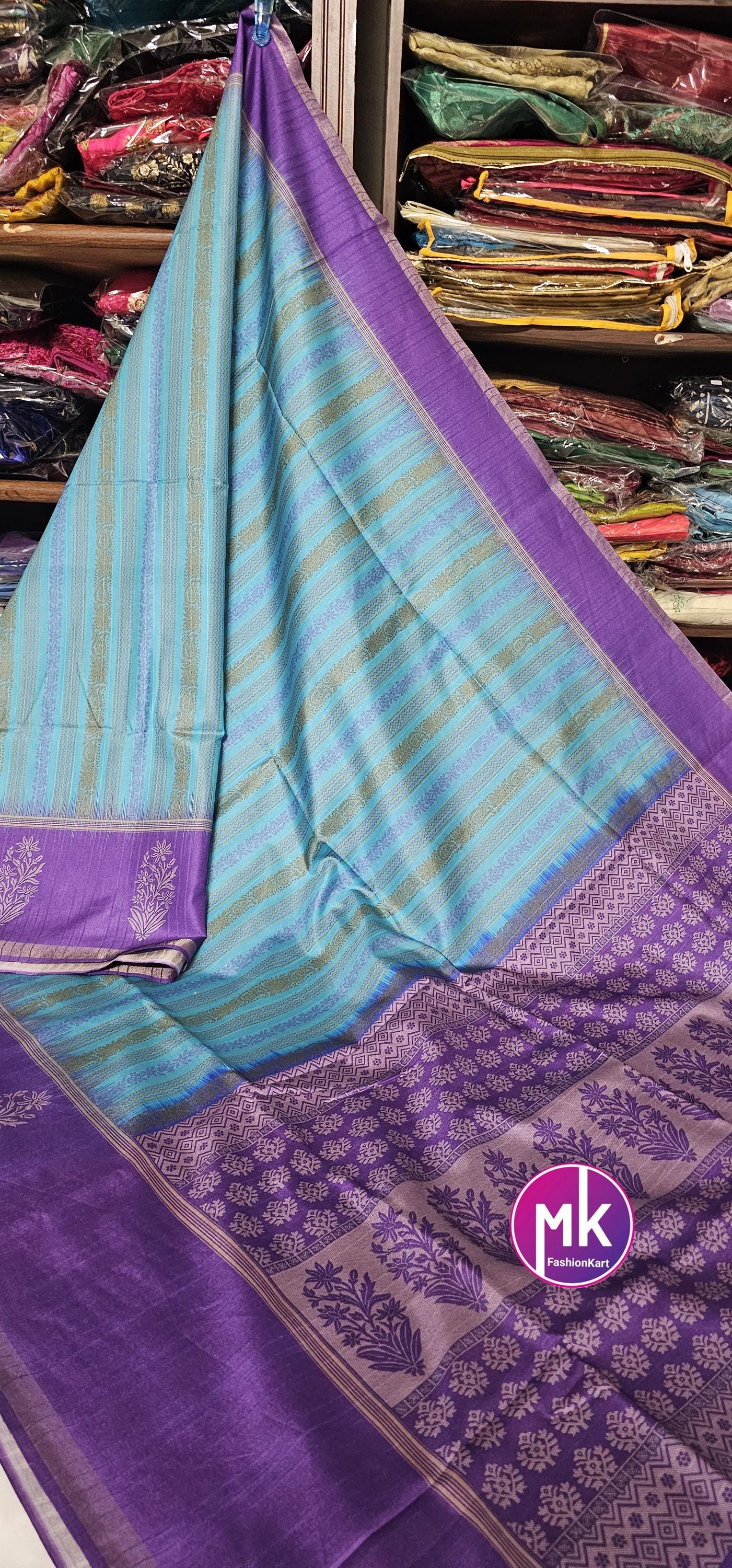 Pure Soft Lenin Banarasi cotton Silk w jari weaving Saree w heavy Silk Base butti jaquard running Blouse (unstitched) - MK Fashionkart