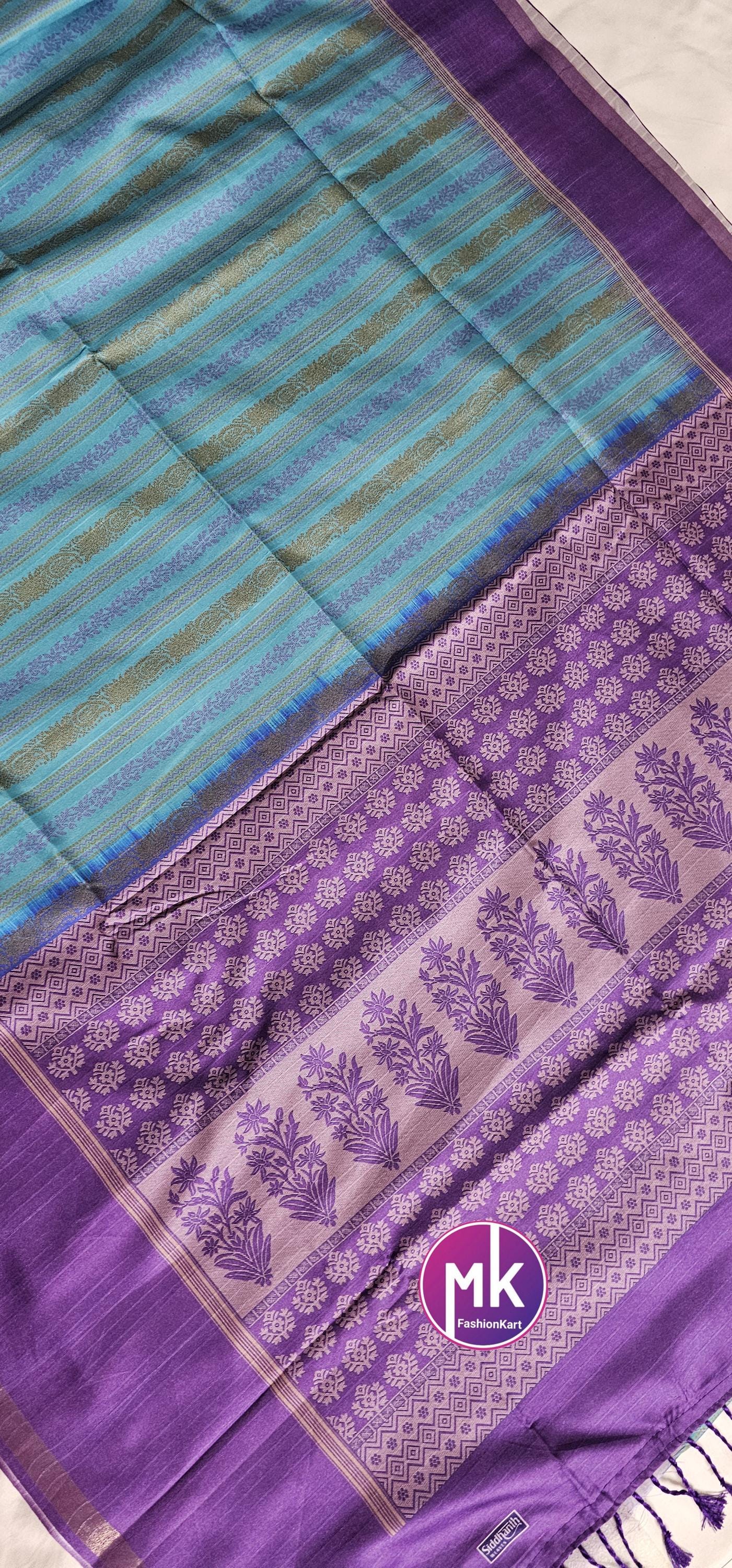 Pure Soft Lenin Banarasi cotton Silk w jari weaving Saree w heavy Silk Base butti jaquard running Blouse (unstitched) - MK Fashionkart