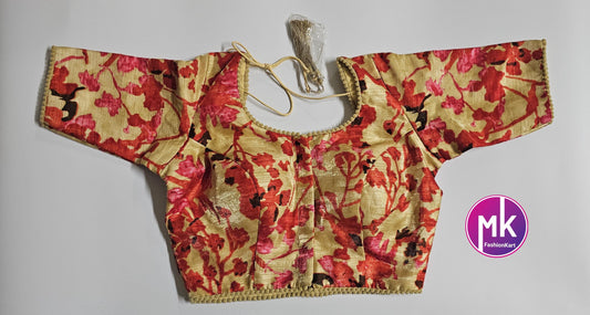 Readymade Saree Blouse - Cream with multi-color floral design with lining for Sarees/Lehenga - Size 32 (self alter Upto 34) -MK Fashionkart
