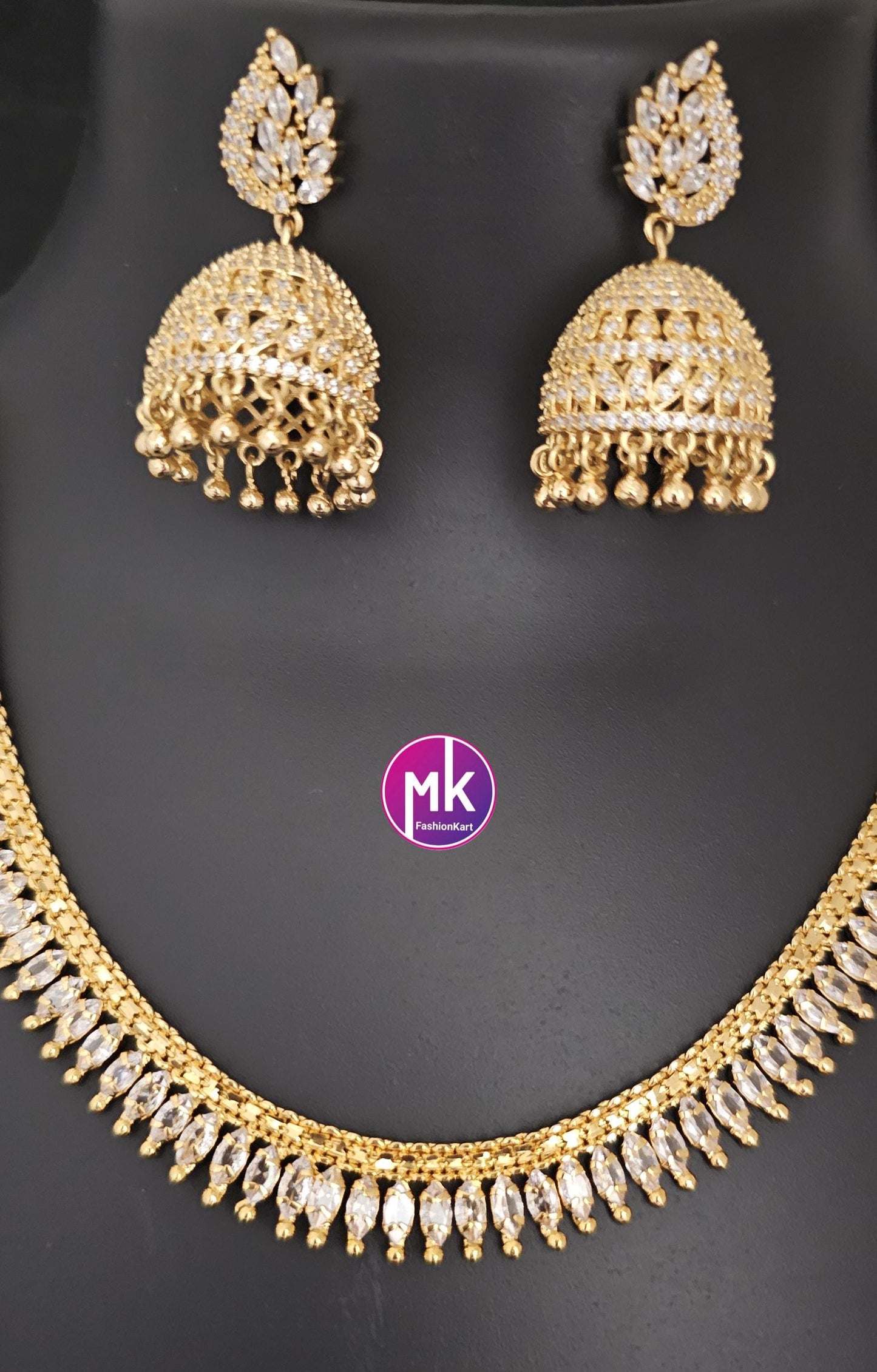 Premium quality Combo AD Gold finish long Haram, Necklace with matching Big Jhumka - Gold Jewelry Replica - Bridal Haram - MK Fashionkart