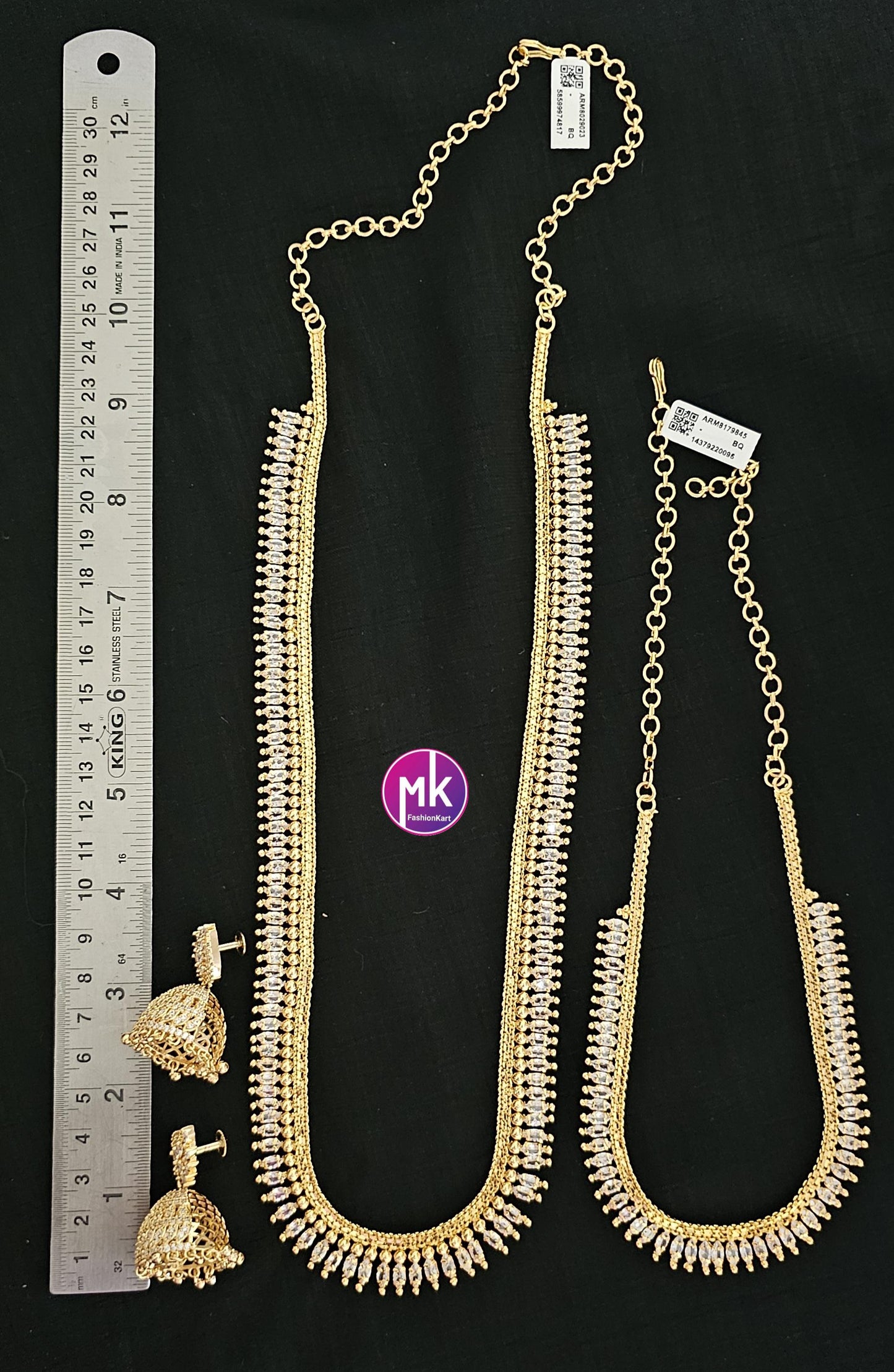 Premium quality Combo AD Gold finish long Haram, Necklace with matching Big Jhumka - Gold Jewelry Replica - Bridal Haram - MK Fashionkart