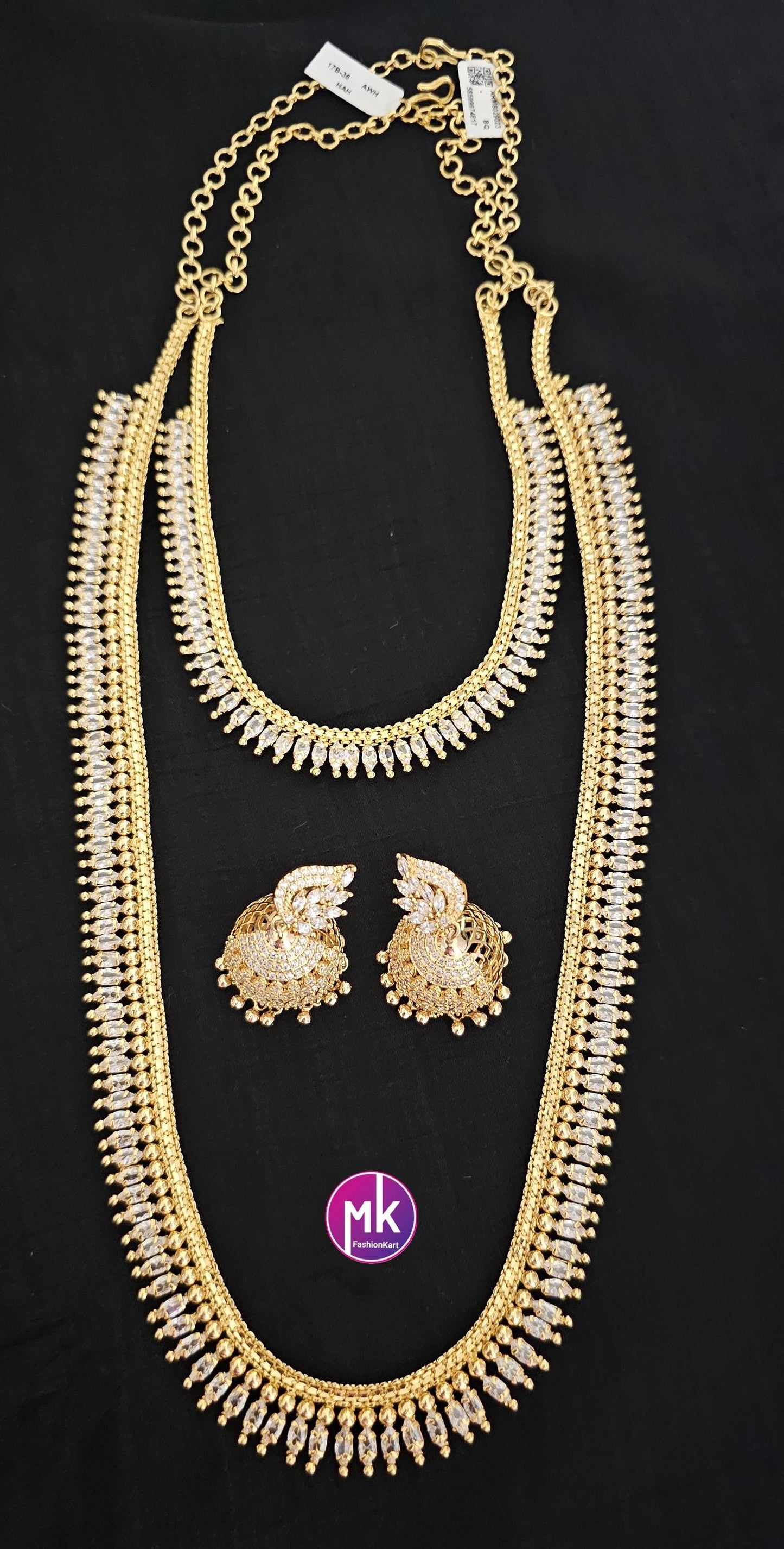 Premium quality Combo AD Gold finish long Haram, Necklace with matching Big Jhumka - Gold Jewelry Replica - Bridal Haram - MK Fashionkart