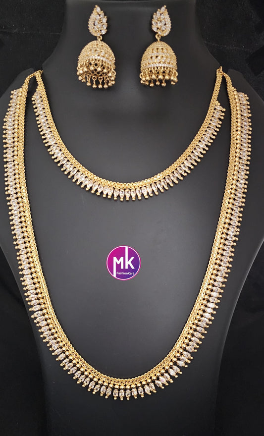 Premium quality Combo AD Gold finish long Haram, Necklace with matching Big Jhumka - Gold Jewelry Replica - Bridal Haram - MK Fashionkart