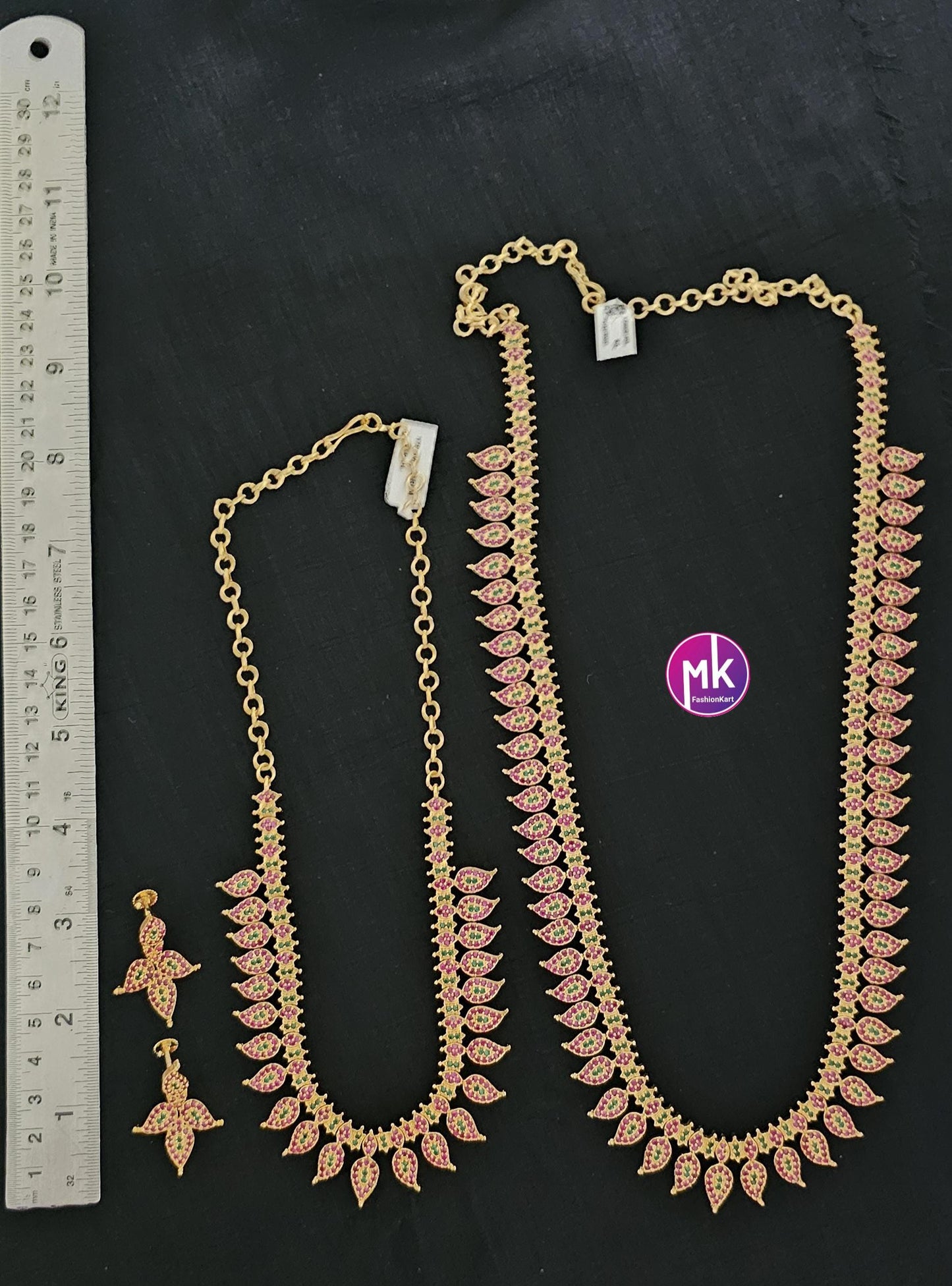 Premium quality Combo AD Ruby Gold finish long Haram, Necklace with matching Earrings - Gold Jewelry Replica - Bridal Combo set