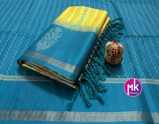 Soft Linen Banarasi cotton Silk w jari weaving rich pallu Saree heavy silk base butti jaquard running blouse (unstitched) - MK Fashionkart