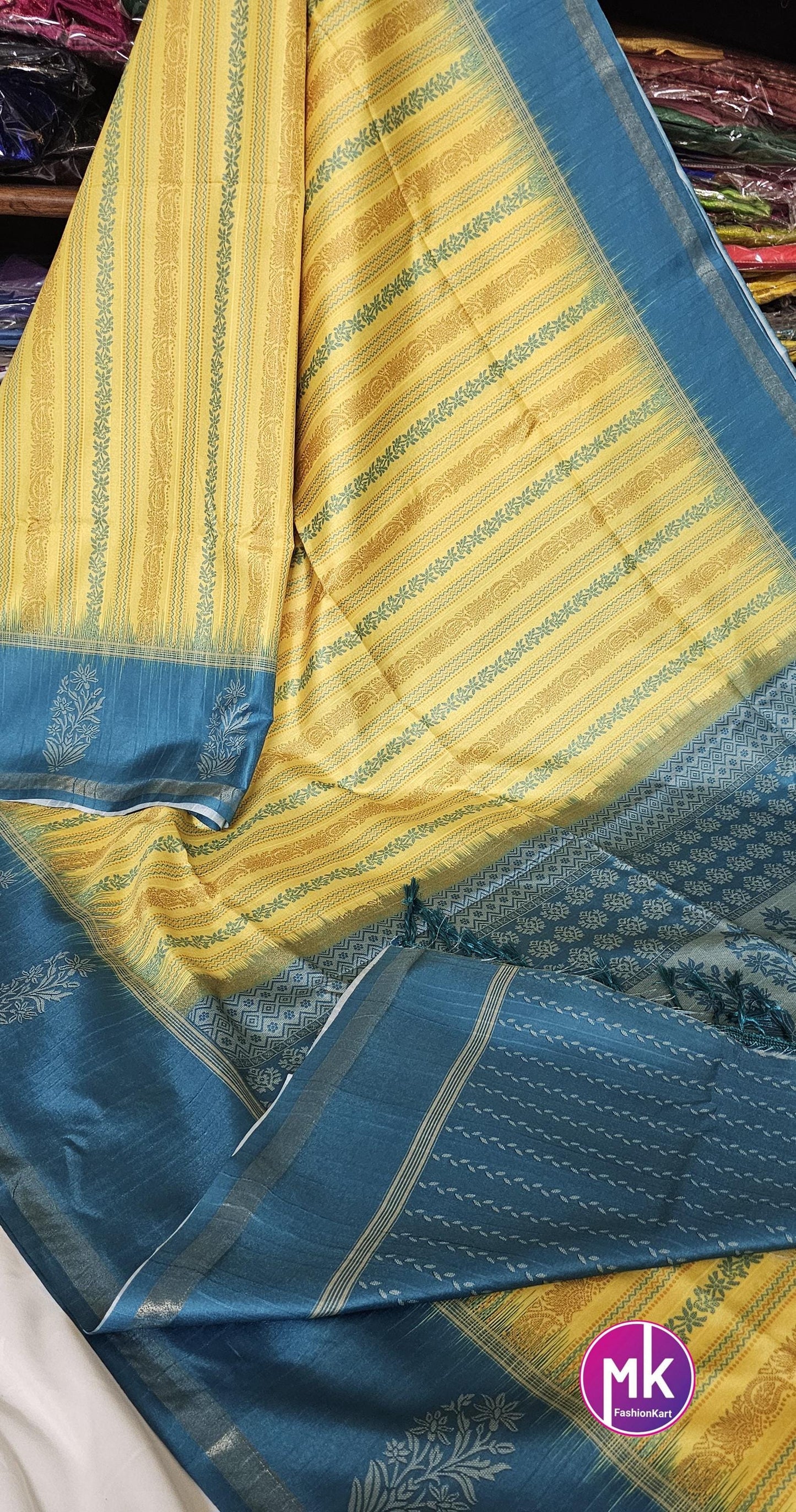 Soft Linen Banarasi cotton Silk w jari weaving rich pallu Saree heavy silk base butti jaquard running blouse (unstitched) - MK Fashionkart