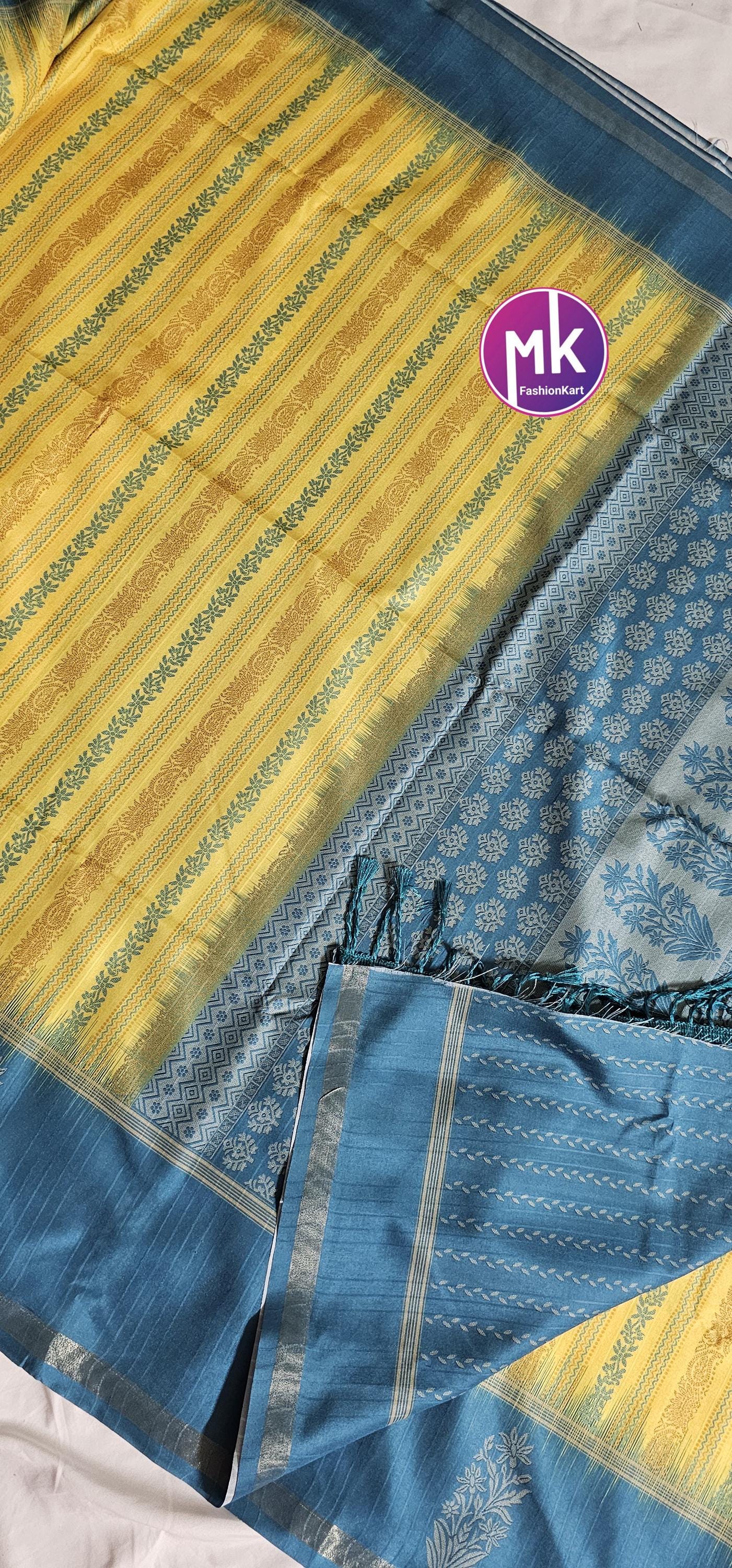 Soft Linen Banarasi cotton Silk w jari weaving rich pallu Saree heavy silk base butti jaquard running blouse (unstitched) - MK Fashionkart