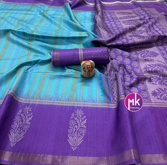 Pure Soft Lenin Banarasi cotton Silk w jari weaving Saree w heavy Silk Base butti jaquard running Blouse (unstitched) - MK Fashionkart