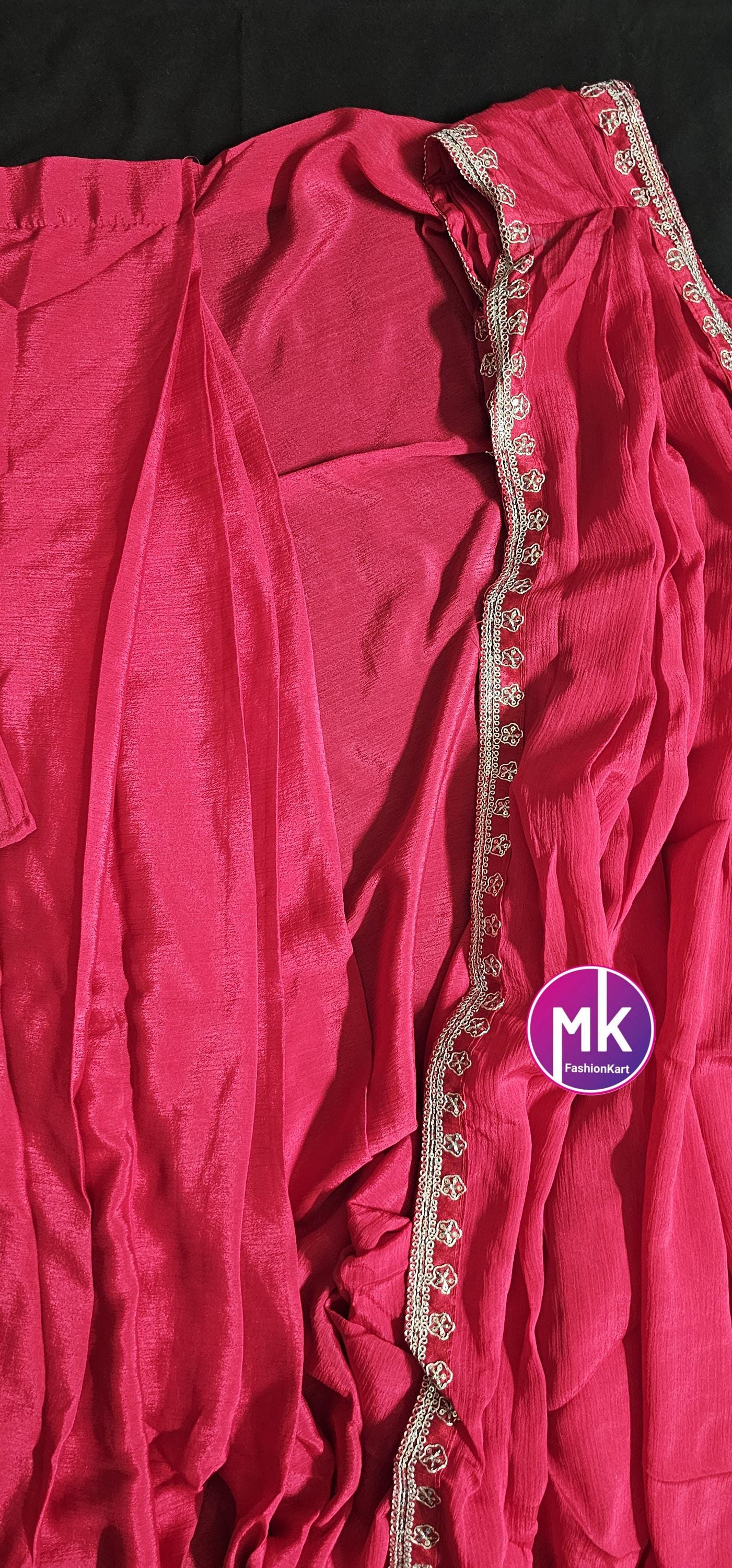 Ready to wear 1 minute Saree - Pink Heavy Chinon embroidery cording work with fully stitched embroidery cording work blouse and hip belt