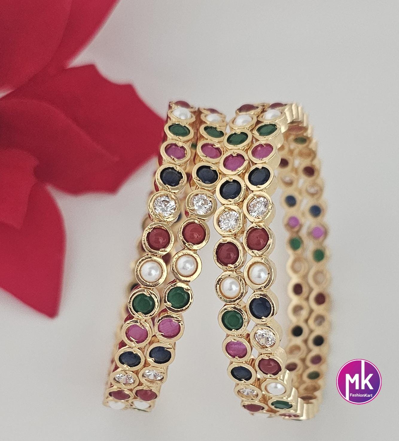 Navarathna Premium quality Gol finish Bangles stone Bangles - Set of 4 Bangles - Size 2.4, 2.6 and 2.8 - Fashion Jewelry - MK Fashionkart