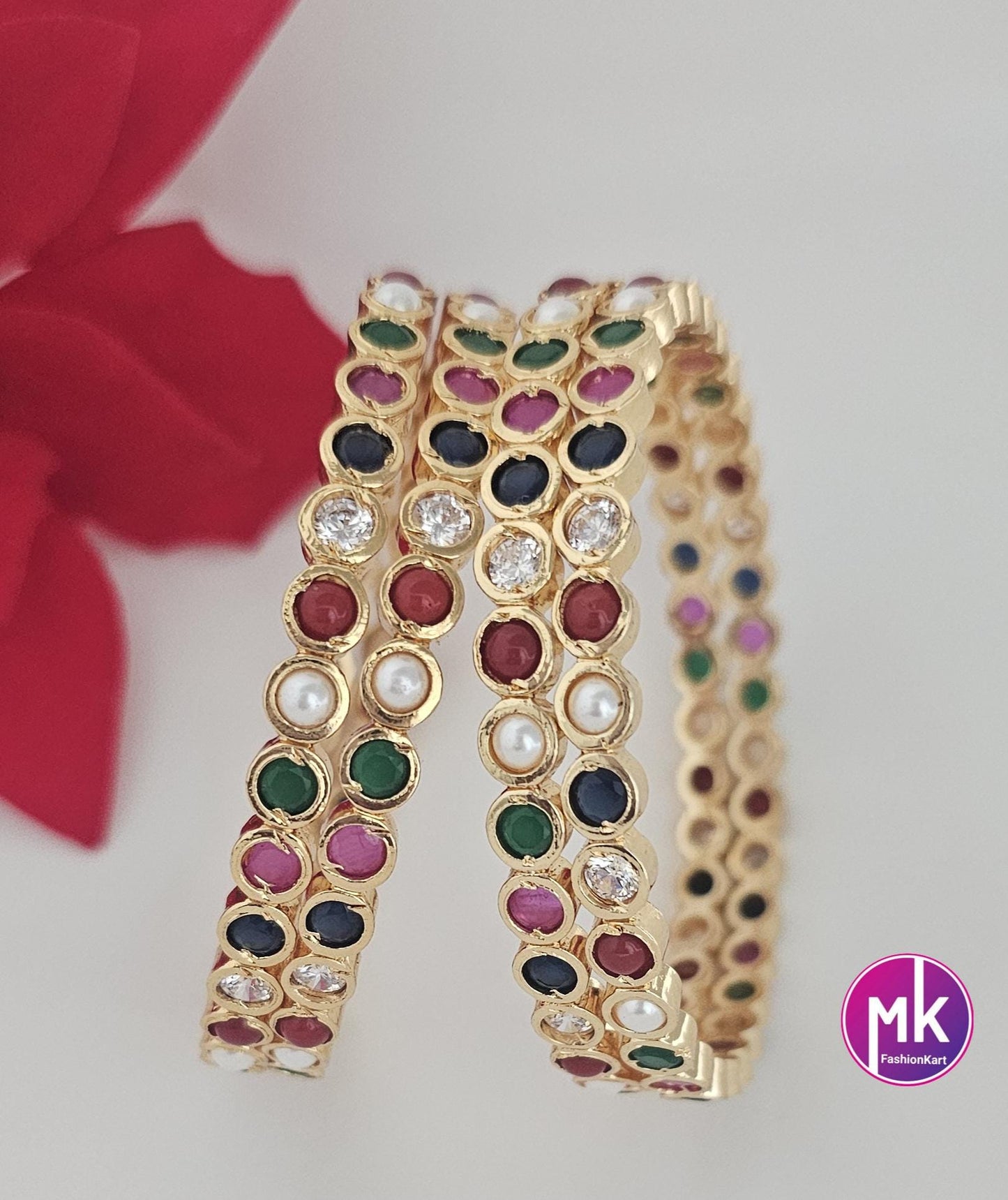 Navarathna Premium quality Gol finish Bangles stone Bangles - Set of 4 Bangles - Size 2.4, 2.6 and 2.8 - Fashion Jewelry - MK Fashionkart