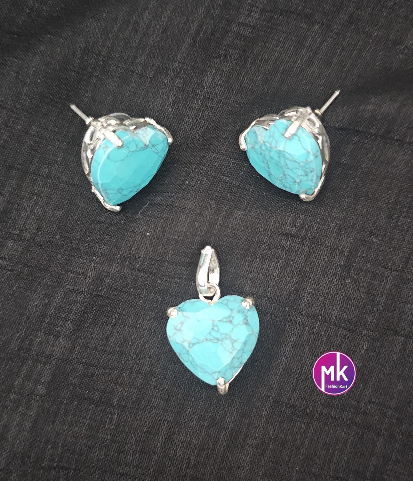 Turquoise Silver finish Pendent Set - Silver finish Pendent with matching Earrings - MK Fashionkart - Fashion Jewelry