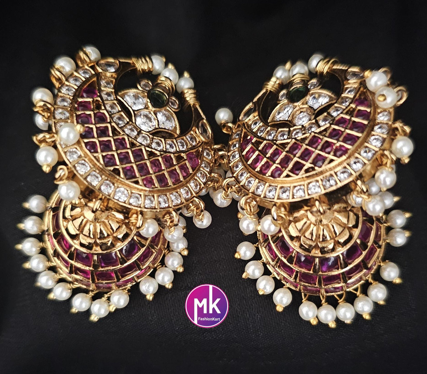 Kemp Stone Premium Quality premium polish Big chandbali Jhumka with pearl hangings - MK Fashionkart - Fashion Jewelry