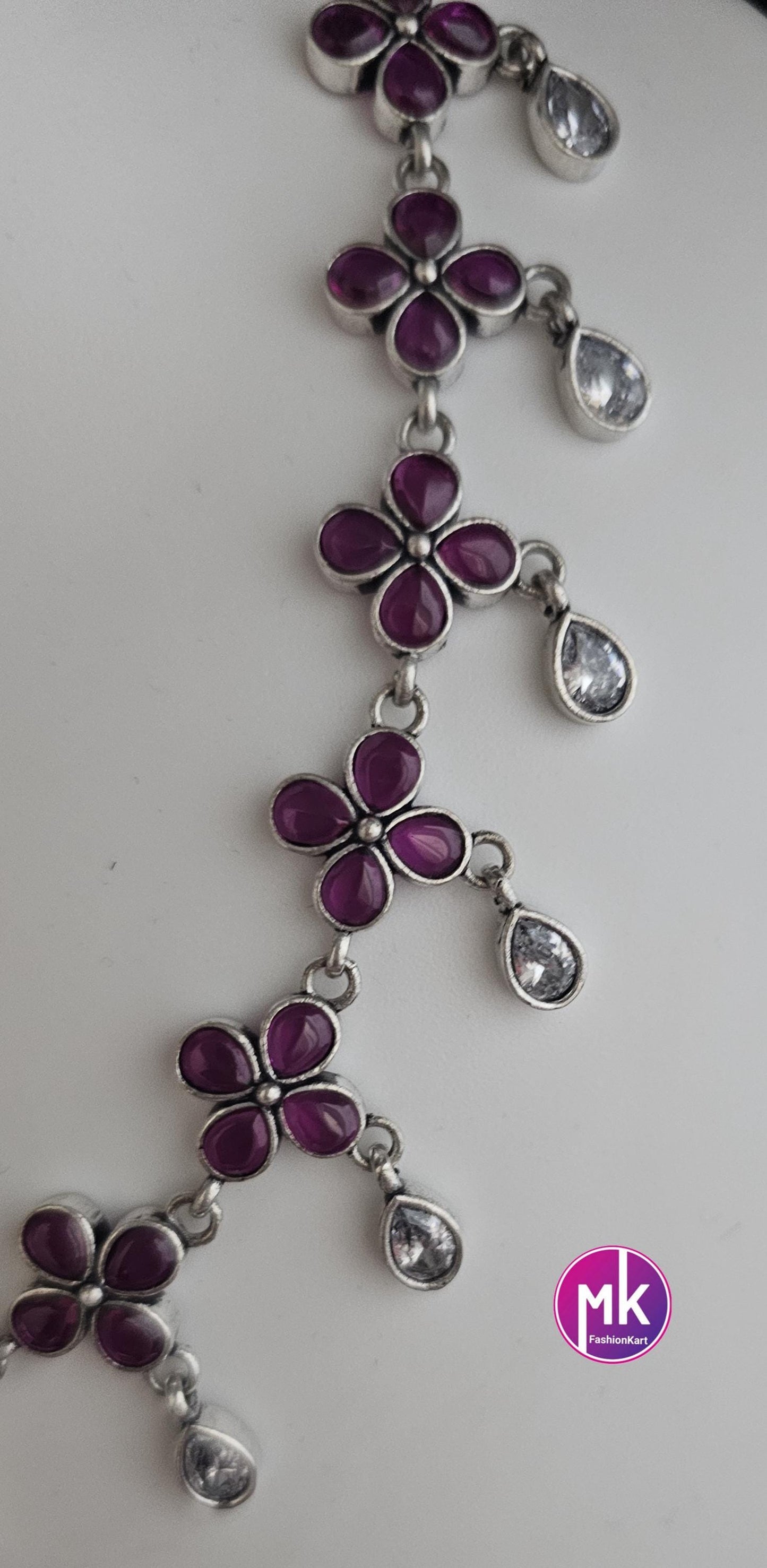 Oxidized Silver Flower design AD stones Necklace with matching Earrings - Adult cum Teen Necklace - MK Fashionkart - Fashion Jewelry