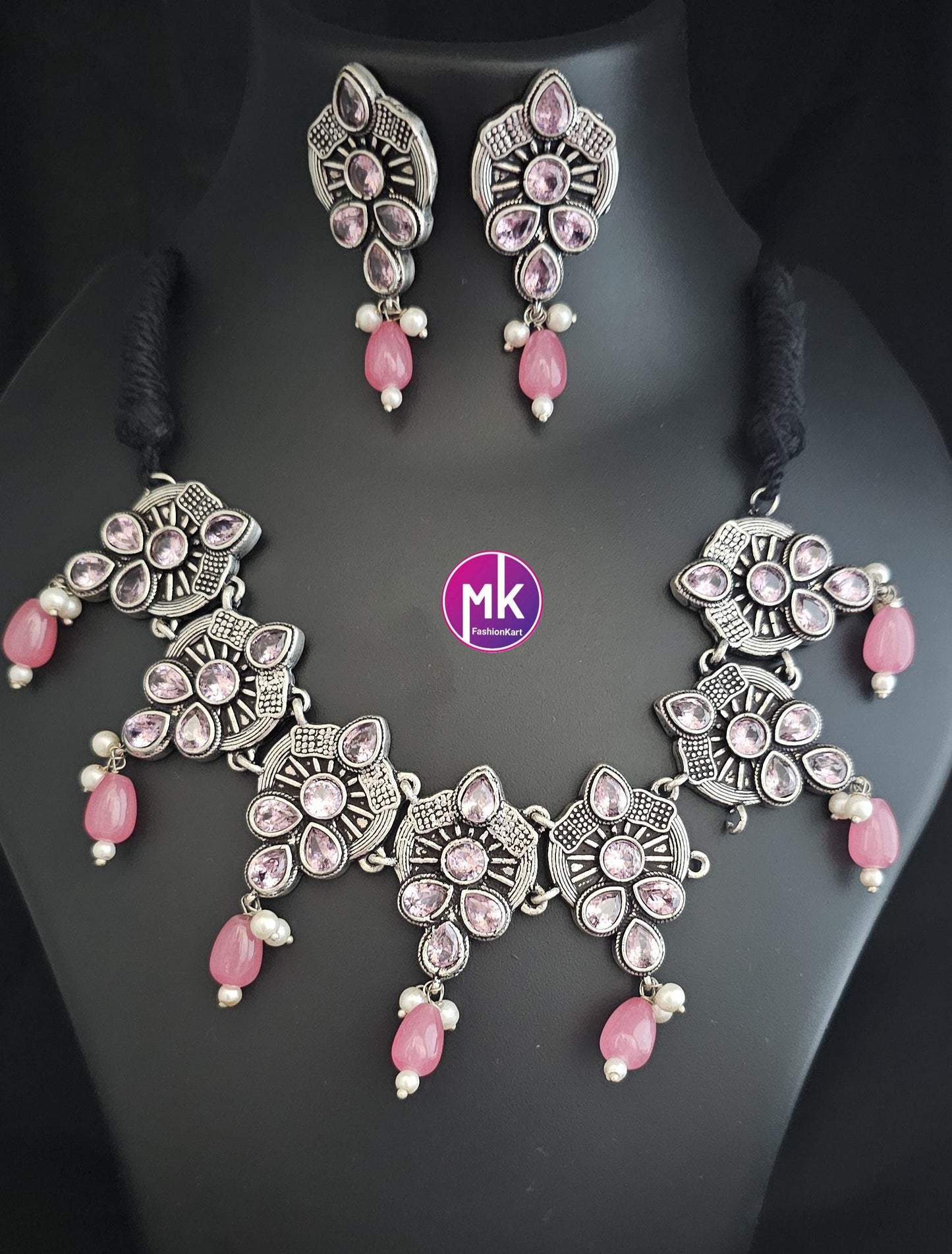 Premium quality partywear Oxidized silver Pink color Choker with hanging pink beads and matching Earrings - MK Fashionkart