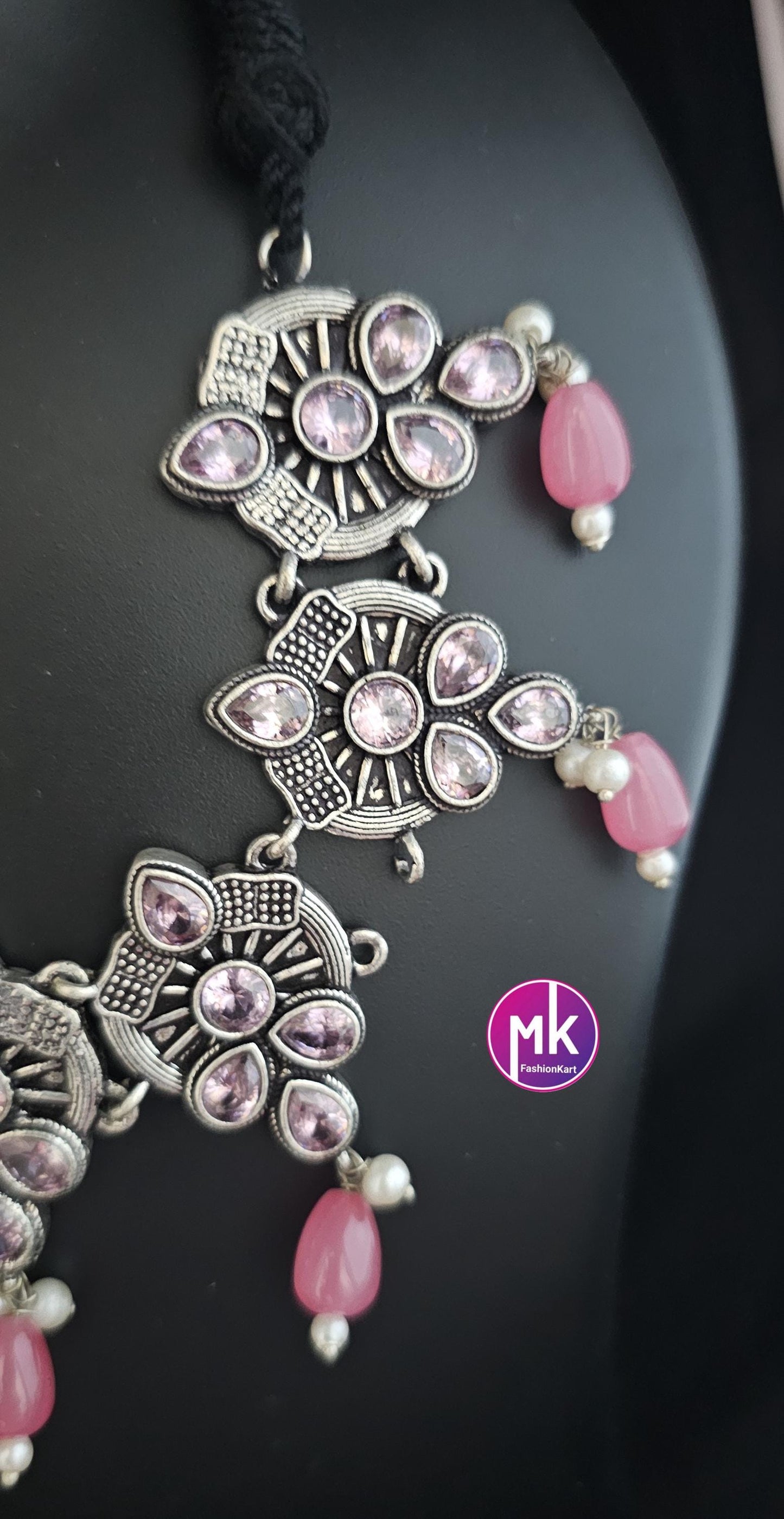 Premium quality partywear Oxidized silver Pink color Choker with hanging pink beads and matching Earrings - MK Fashionkart
