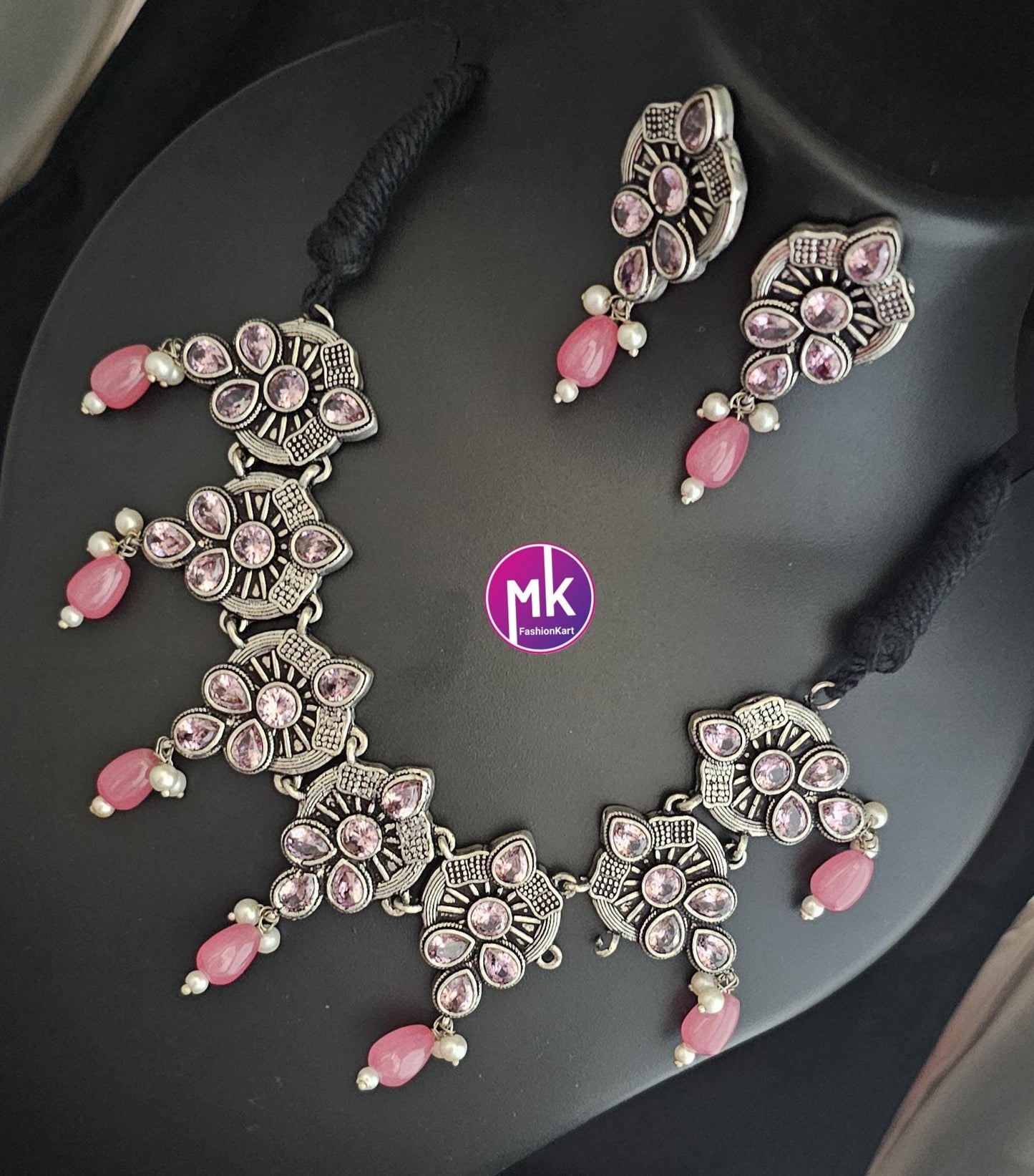 Premium quality partywear Oxidized silver Pink color Choker with hanging pink beads and matching Earrings - MK Fashionkart