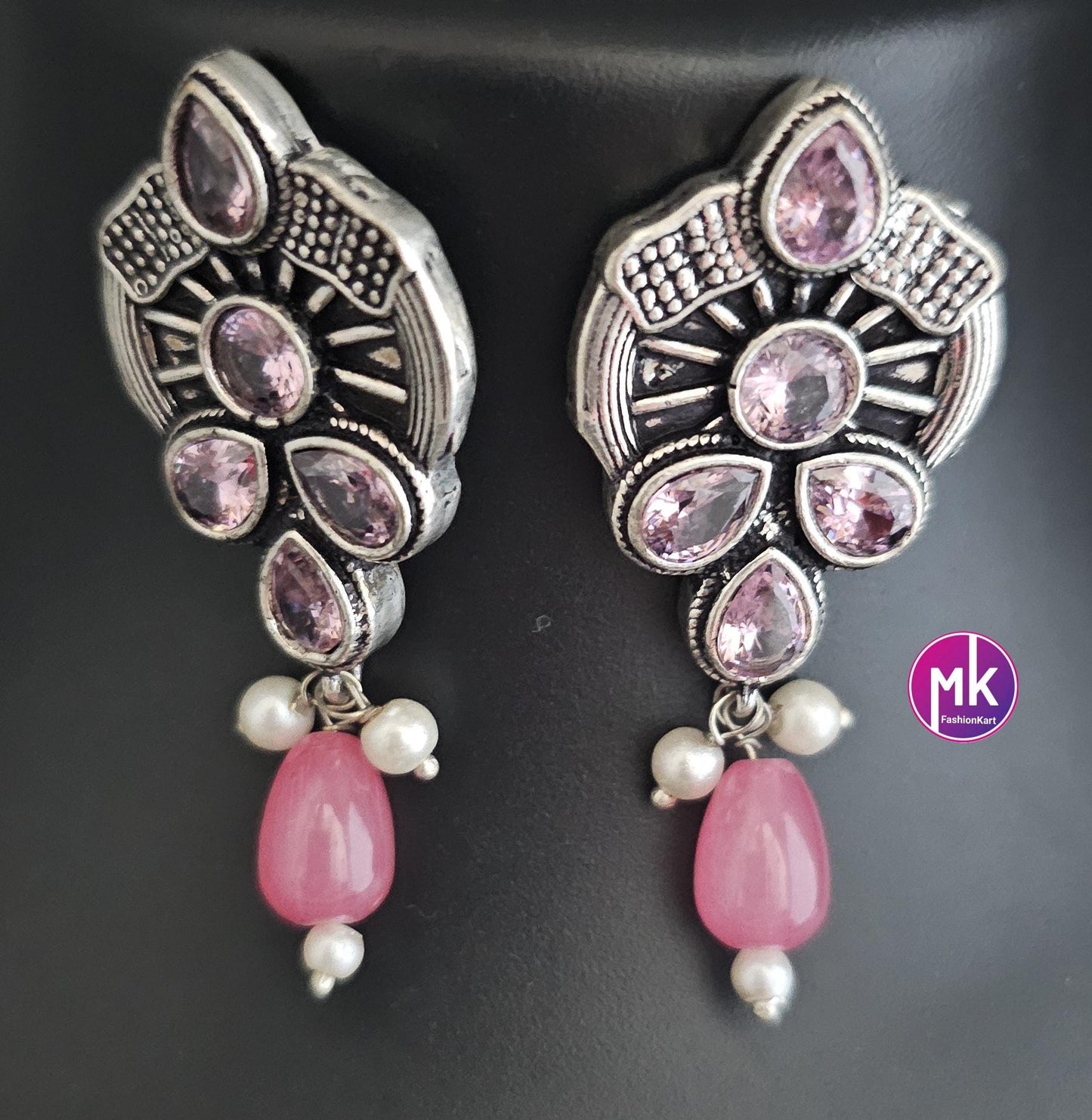 Premium quality partywear Oxidized silver Pink color Choker with hanging pink beads and matching Earrings - MK Fashionkart
