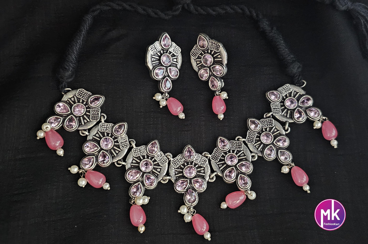 Premium quality partywear Oxidized silver Pink color Choker with hanging pink beads and matching Earrings - MK Fashionkart