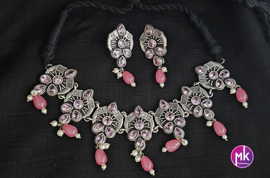 Premium quality partywear Oxidized silver Pink color Choker with hanging pink beads and matching Earrings - MK Fashionkart