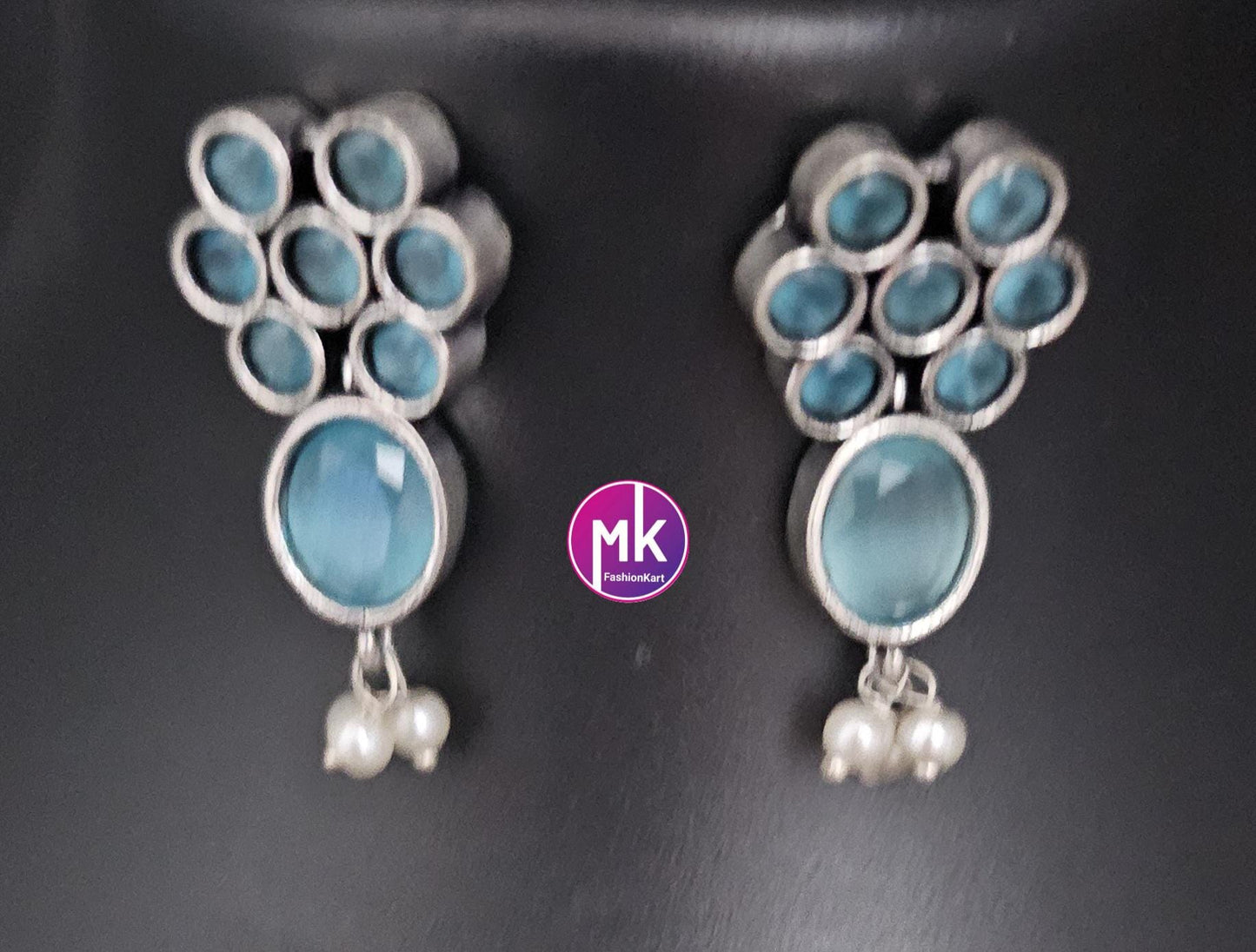 Oxidized Silver blue stone flower design Necklace with matching cute Jhumki - Adult cum Teen Necklace - MK Fashionkart - Fashion Jewelry