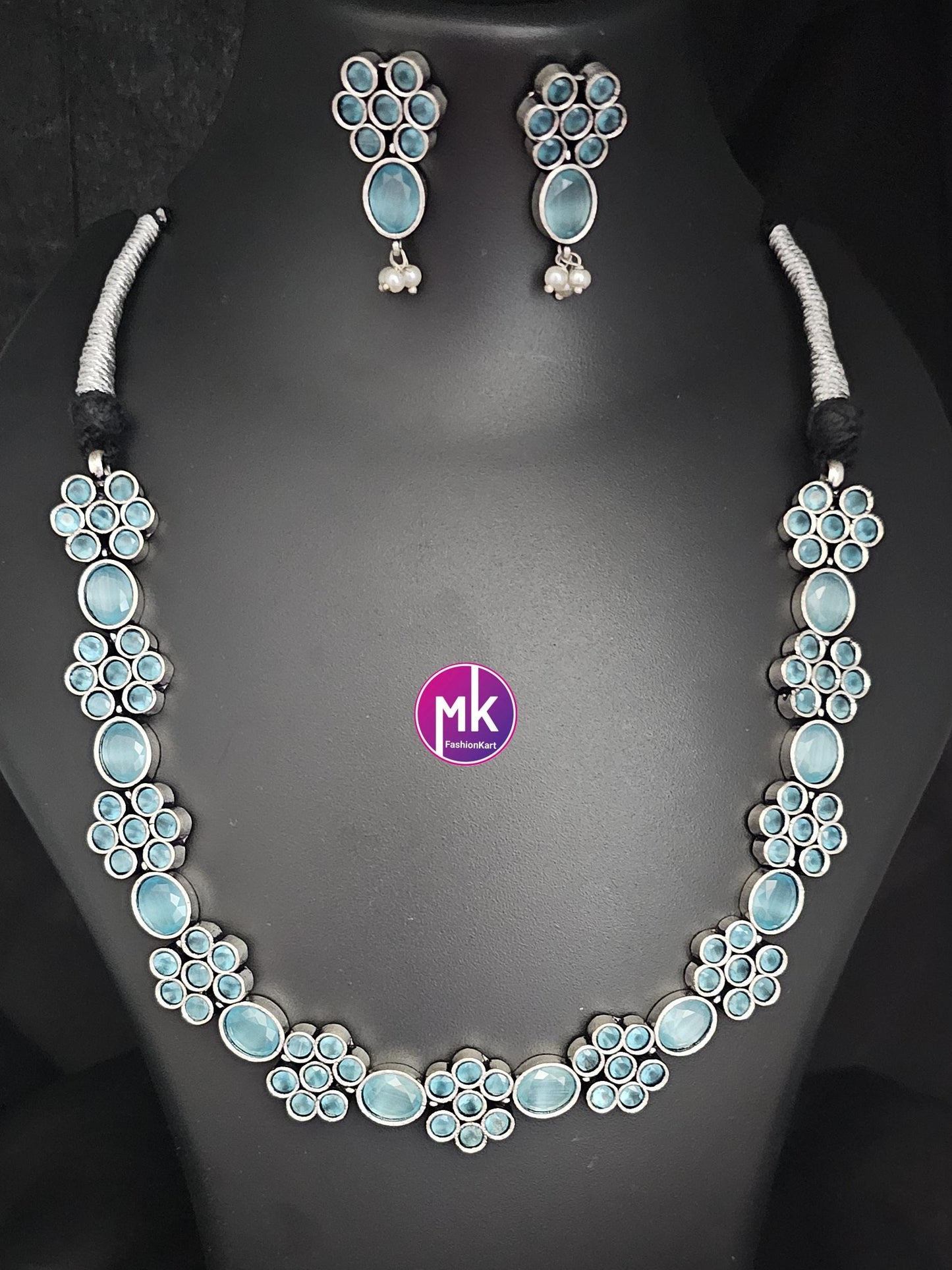 Oxidized Silver blue stone flower design Necklace with matching cute Jhumki - Adult cum Teen Necklace - MK Fashionkart - Fashion Jewelry