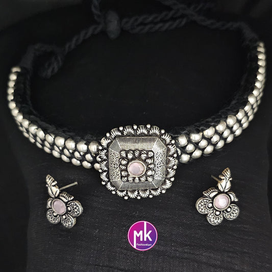 Premium quality partywear Oxidized silver Pink stone Choker with matching Earrings - MK Fashionkart