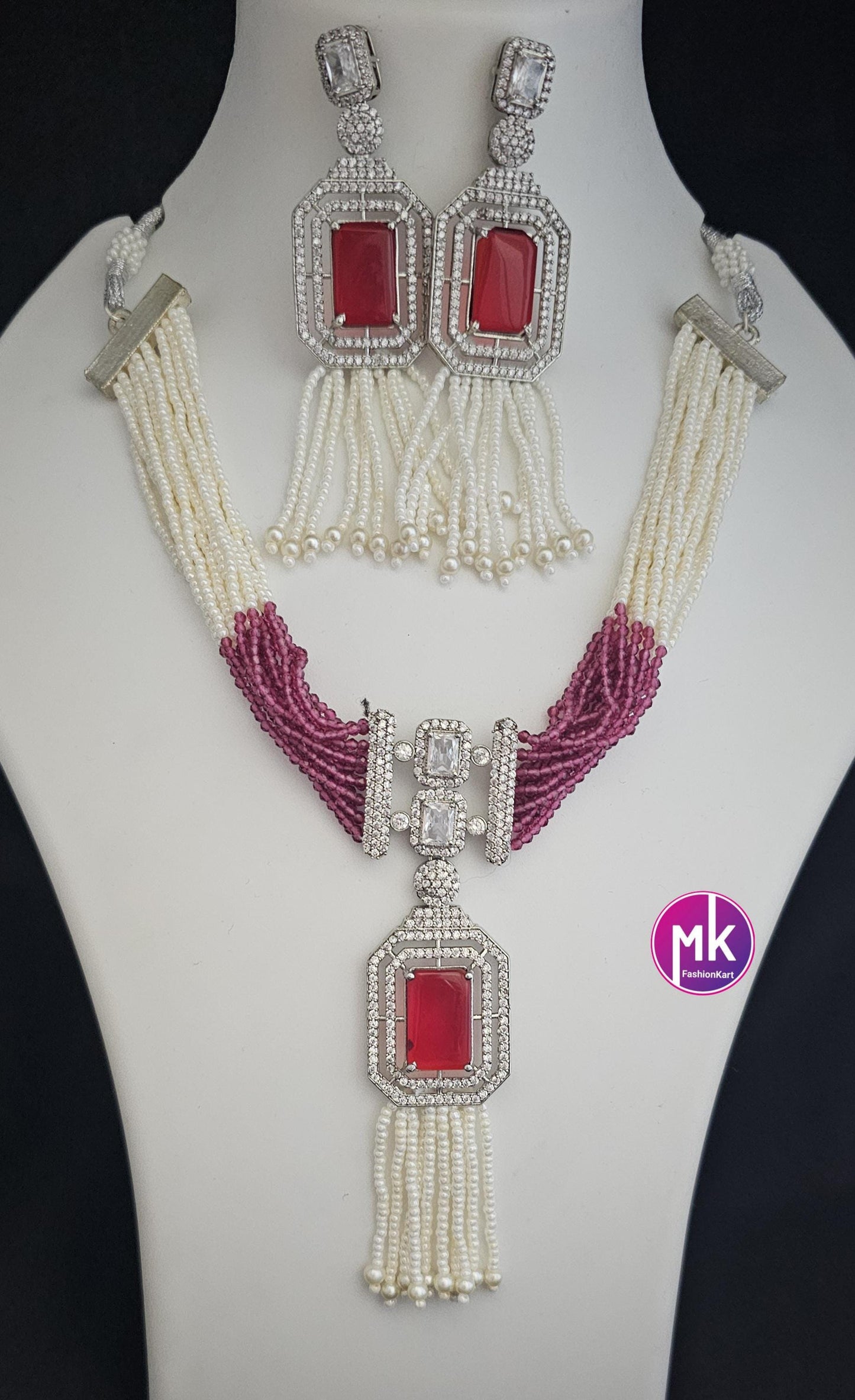 Celebrity Style Premium Silver finish Silver AD/CZ stone Choker with multi-strand piroyi pearls with Beautiful Earrings - MK Fashionkart