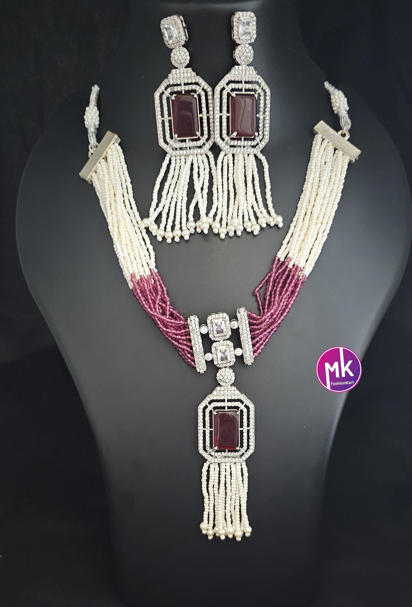 Celebrity Style Premium Silver finish Silver AD/CZ stone Choker with multi-strand piroyi pearls with Beautiful Earrings - MK Fashionkart