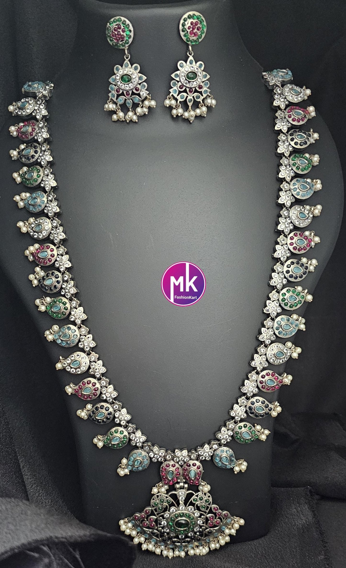 Celebrity Style Premium Quality pure German Silver finish Mango long Haram matching Earrings - Look like Silver Replica set - MK Fashionkart