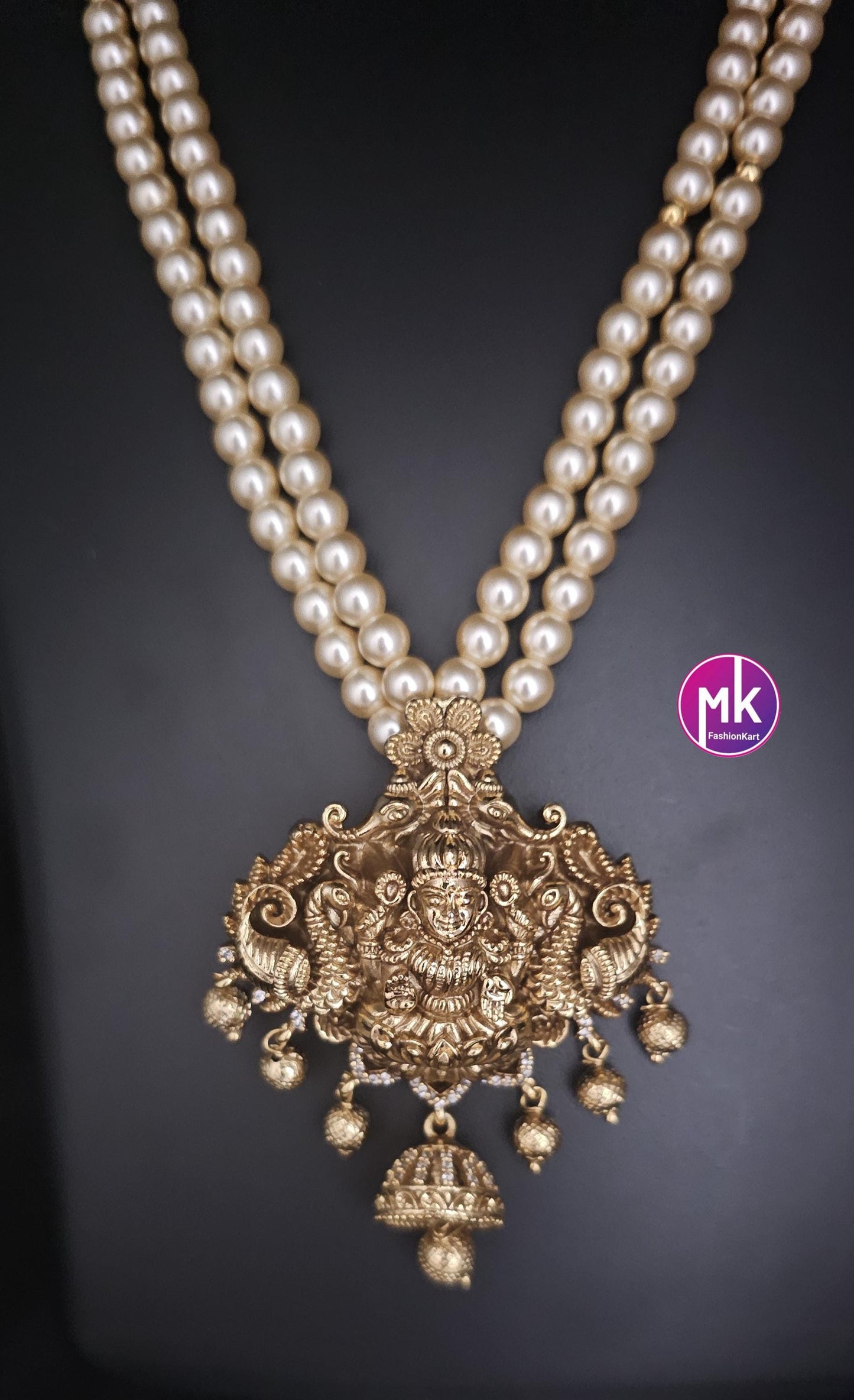 Lakshmi Matte gold finish Pendent (Removable) with Swarovski pearls long Mala with cute Jhumka - Bridal Jewelry - MK Fashionkart