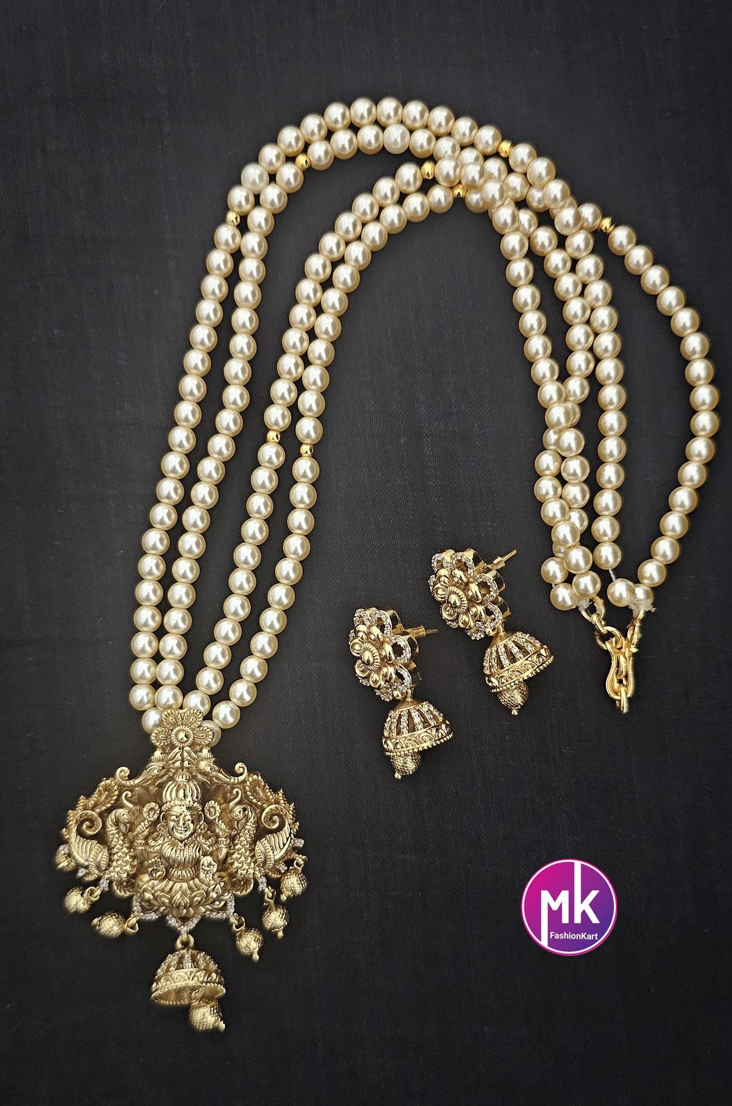 Lakshmi Matte gold finish Pendent (Removable) with Swarovski pearls long Mala with cute Jhumka - Bridal Jewelry - MK Fashionkart