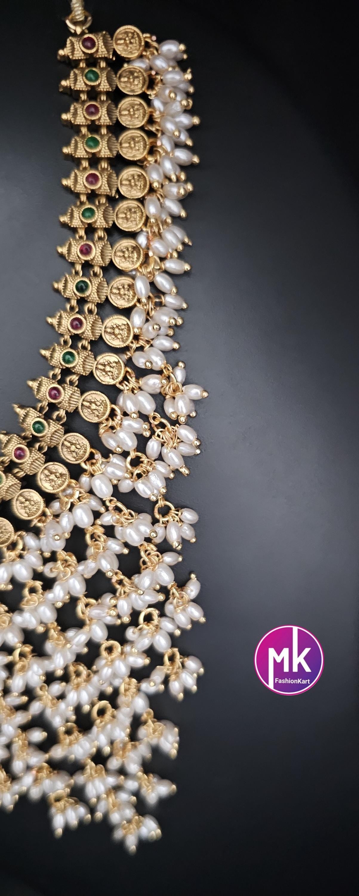 Lakshmi Premium Quality Matte gold finish unique step by step design rice pearl Choker cum Necklace with matching Earings - MK Fashionkart