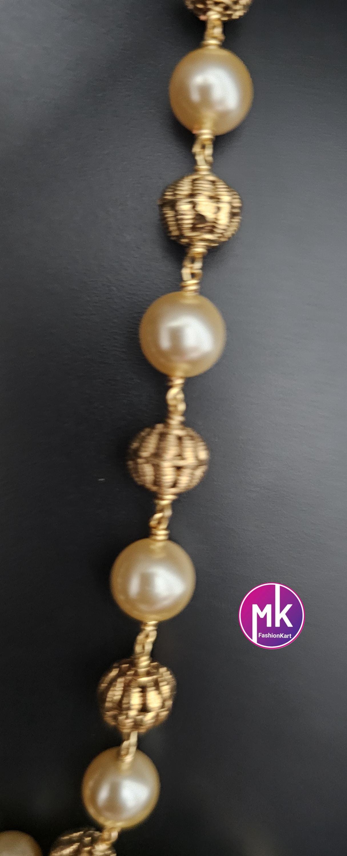 Celebrity Style Lakshmi Matte gold finish CZ stones Pendent (Removable) with and pearls, gold bead mala - Bridal Jewelry - MK Fashionkart