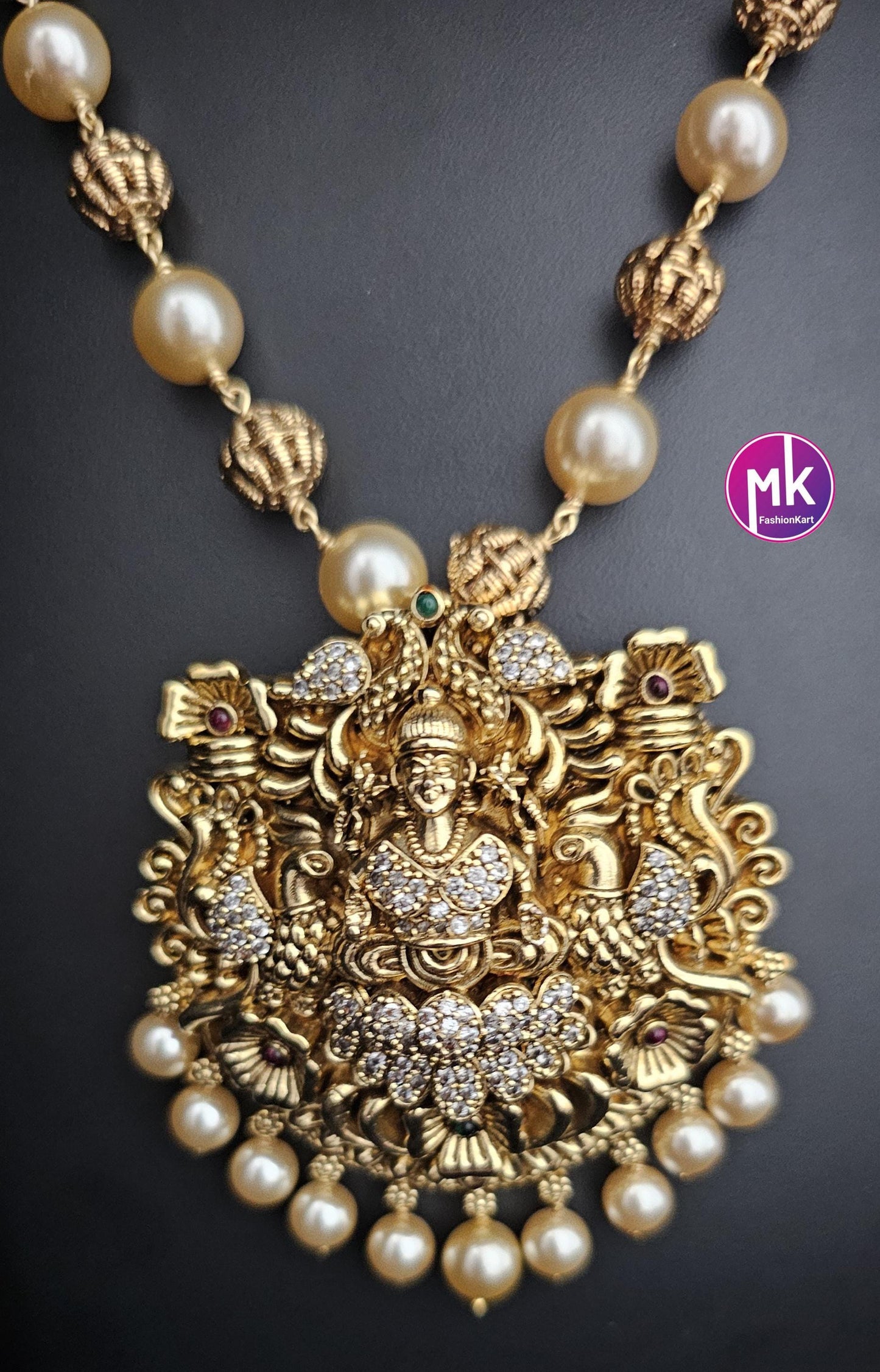 Celebrity Style Lakshmi Matte gold finish CZ stones Pendent (Removable) with and pearls, gold bead mala - Bridal Jewelry - MK Fashionkart
