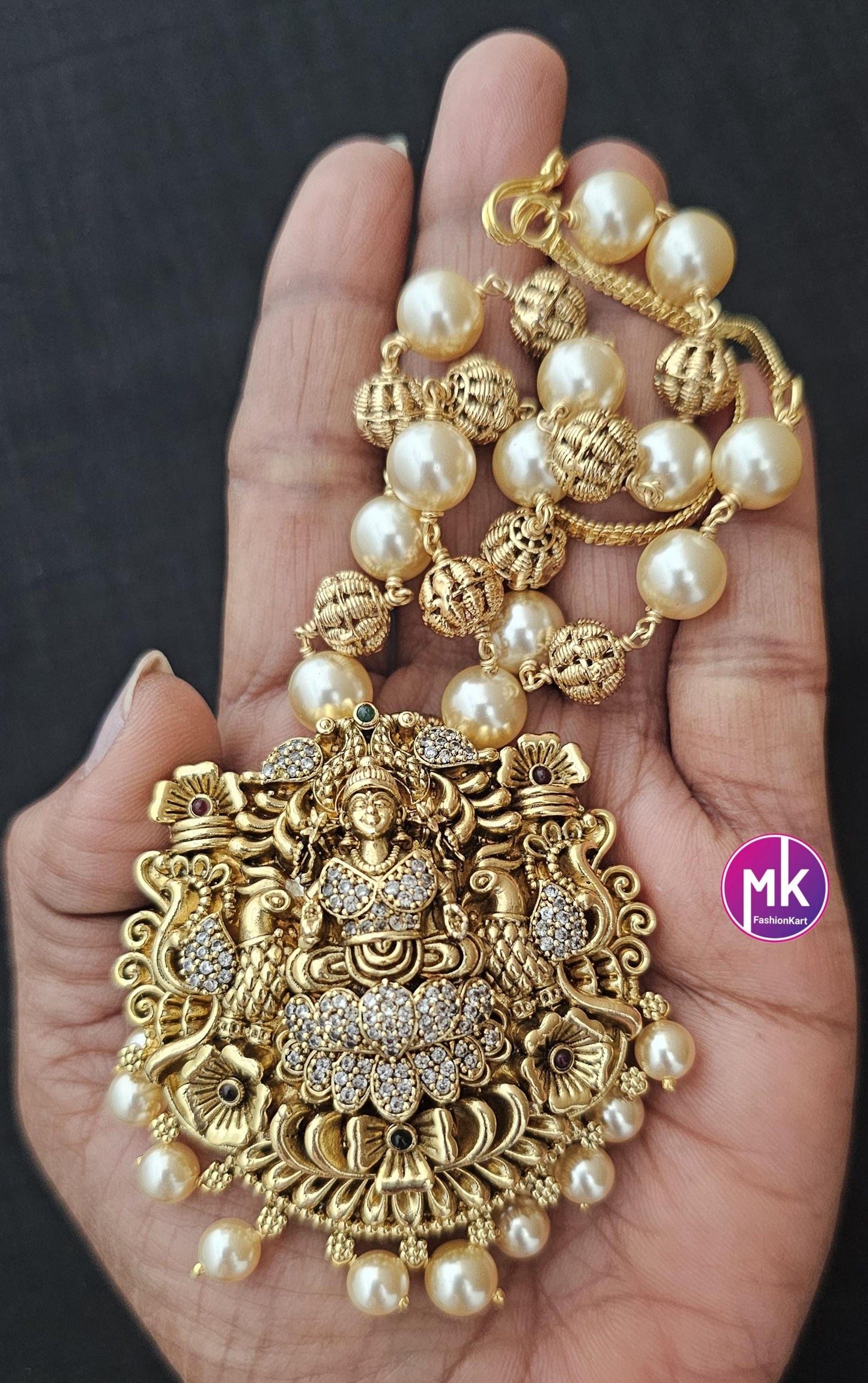 Celebrity Style Lakshmi Matte gold finish CZ stones Pendent (Removable) with and pearls, gold bead mala - Bridal Jewelry - MK Fashionkart