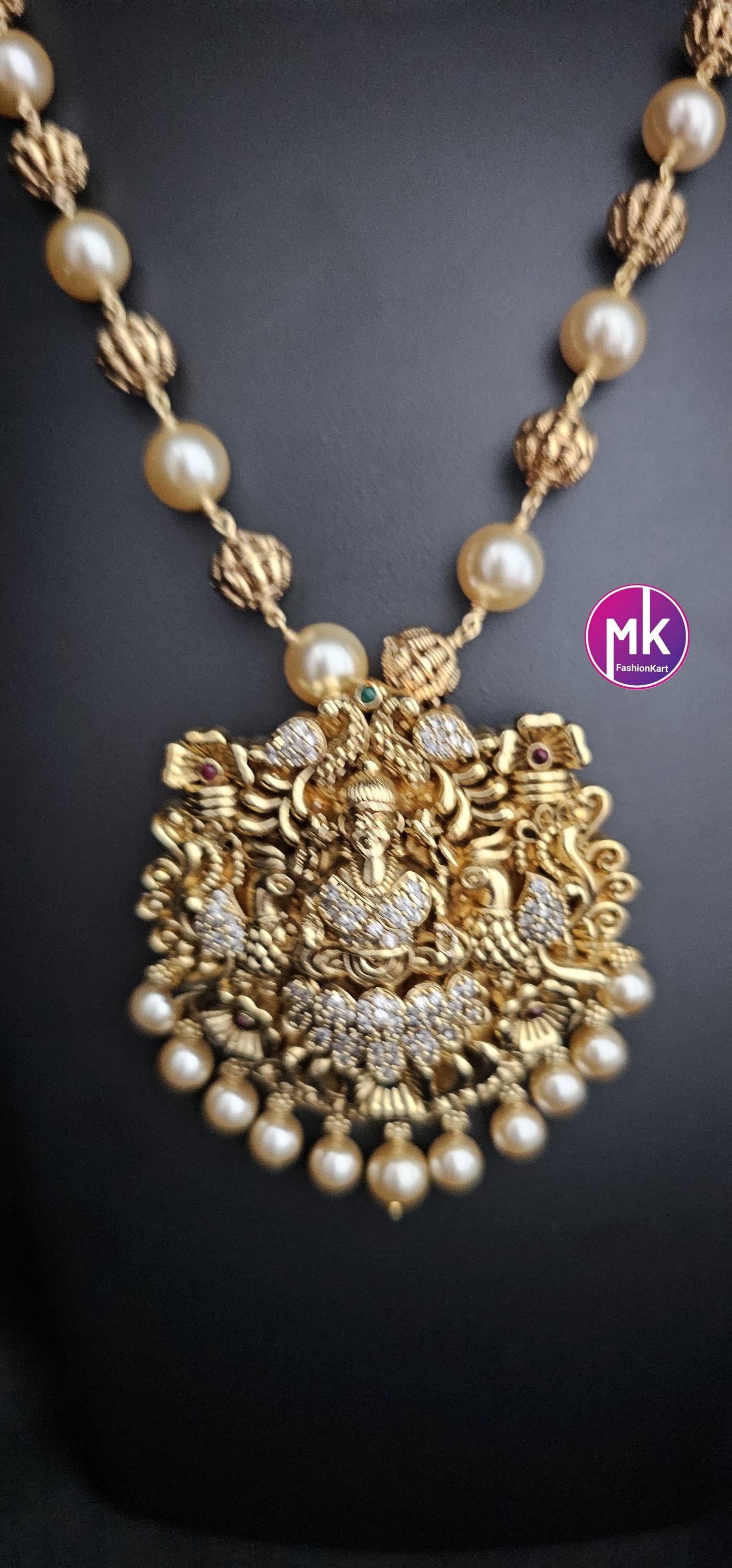 Celebrity Style Lakshmi Matte gold finish CZ stones Pendent (Removable) with and pearls, gold bead mala - Bridal Jewelry - MK Fashionkart