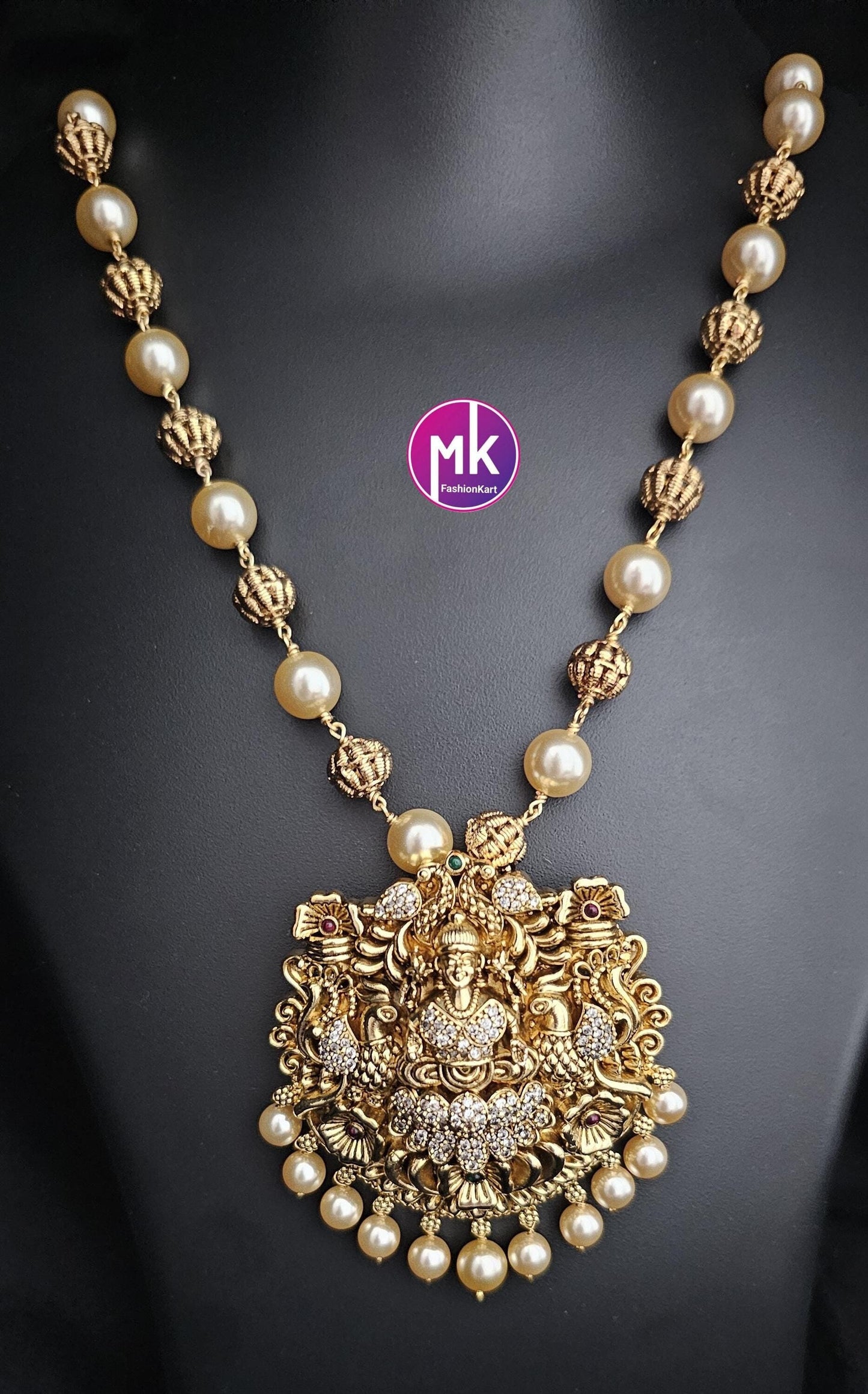 Celebrity Style Lakshmi Matte gold finish CZ stones Pendent (Removable) with and pearls, gold bead mala - Bridal Jewelry - MK Fashionkart