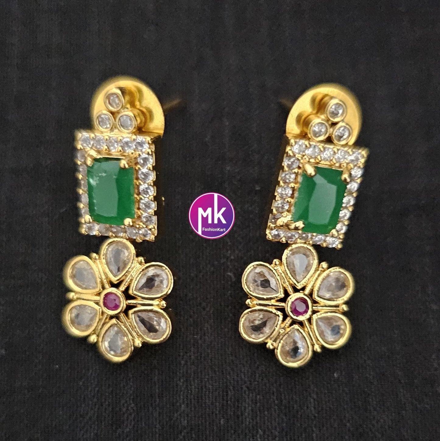Premium quality Multi-color AD/CZ stone Flower design Necklace with cute Earrings - Gold Jewelry Replica Haram - MK Fashionkart