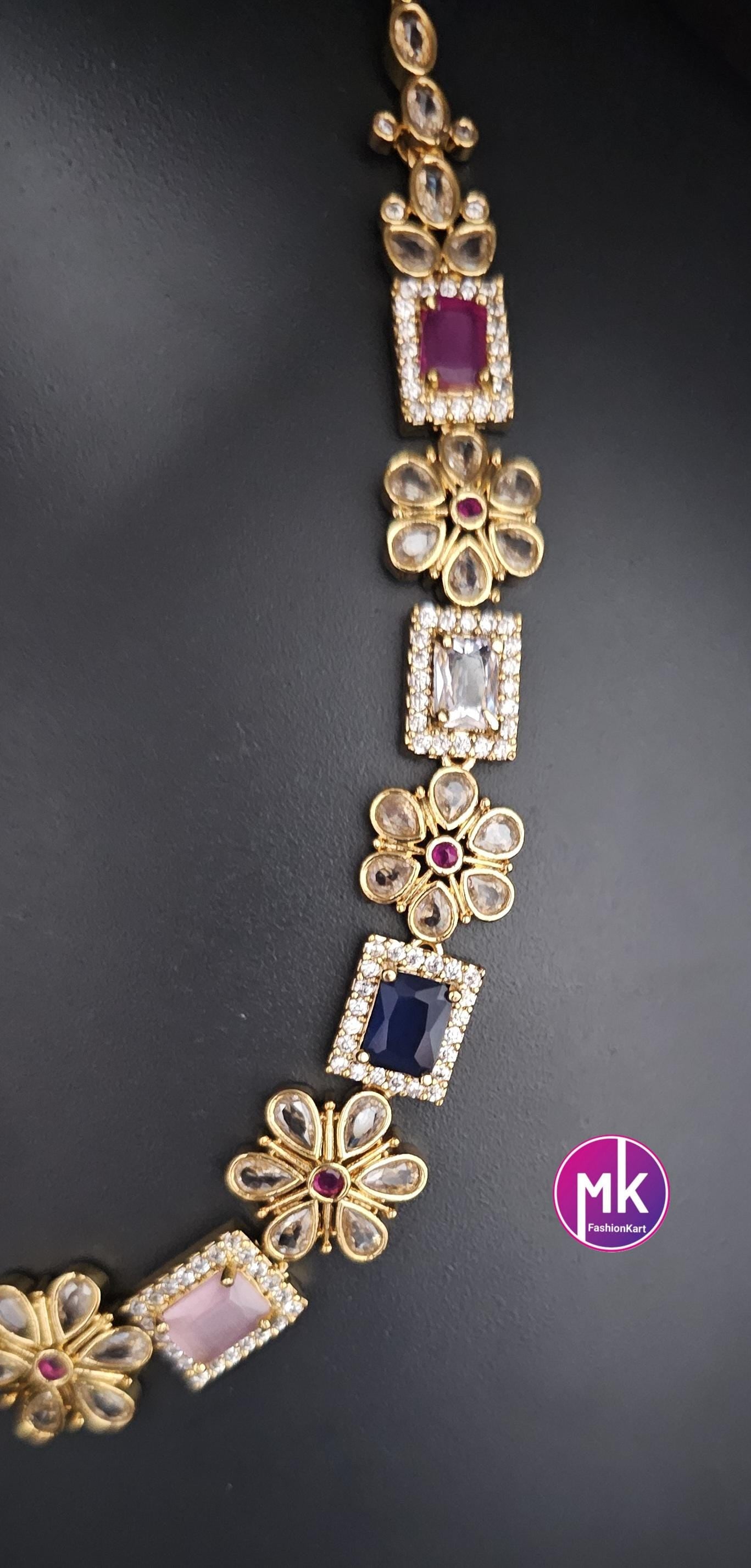 Premium quality Multi-color AD/CZ stone Flower design Necklace with cute Earrings - Gold Jewelry Replica Haram - MK Fashionkart