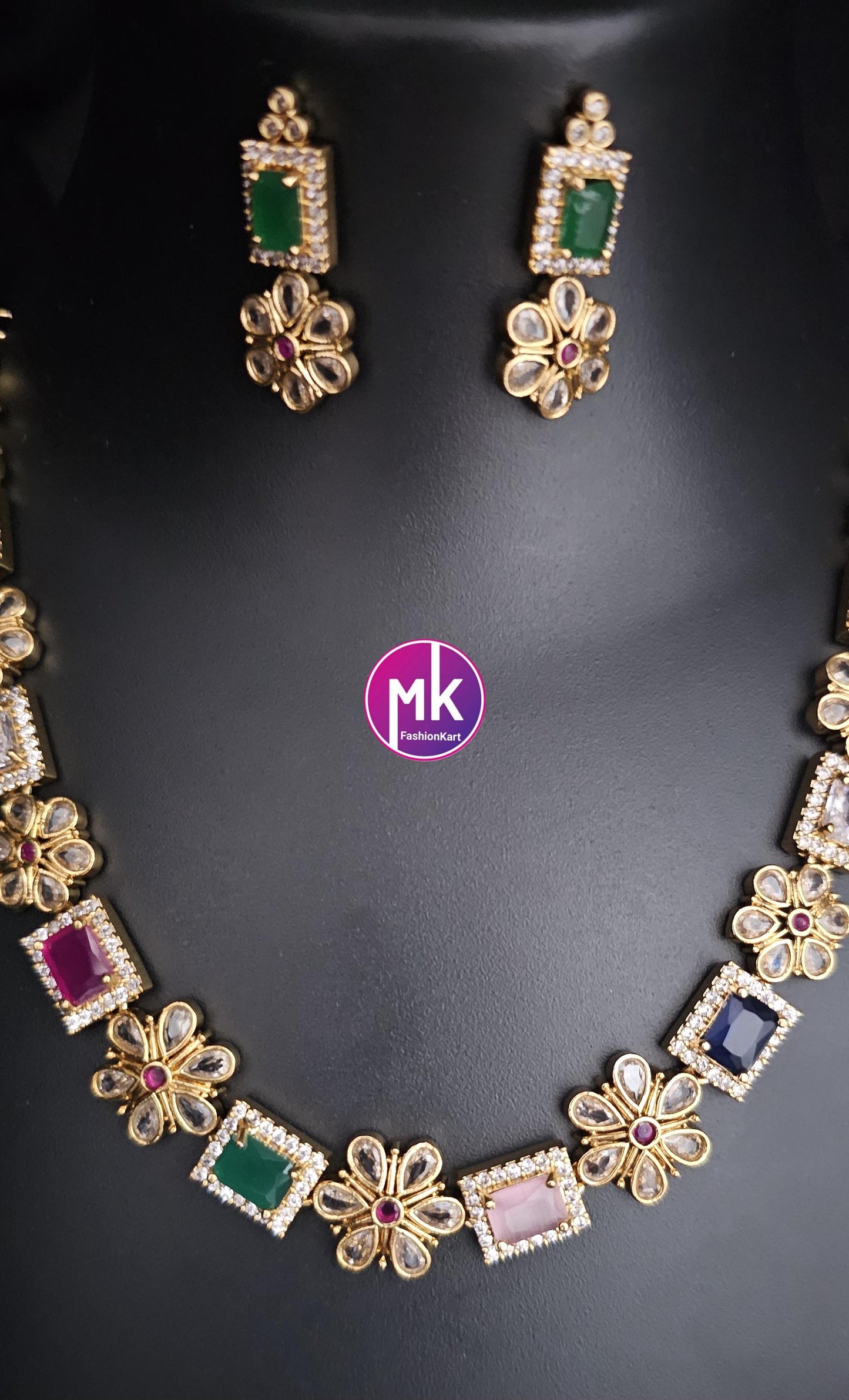 Premium quality Multi-color AD/CZ stone Flower design Necklace with cute Earrings - Gold Jewelry Replica Haram - MK Fashionkart