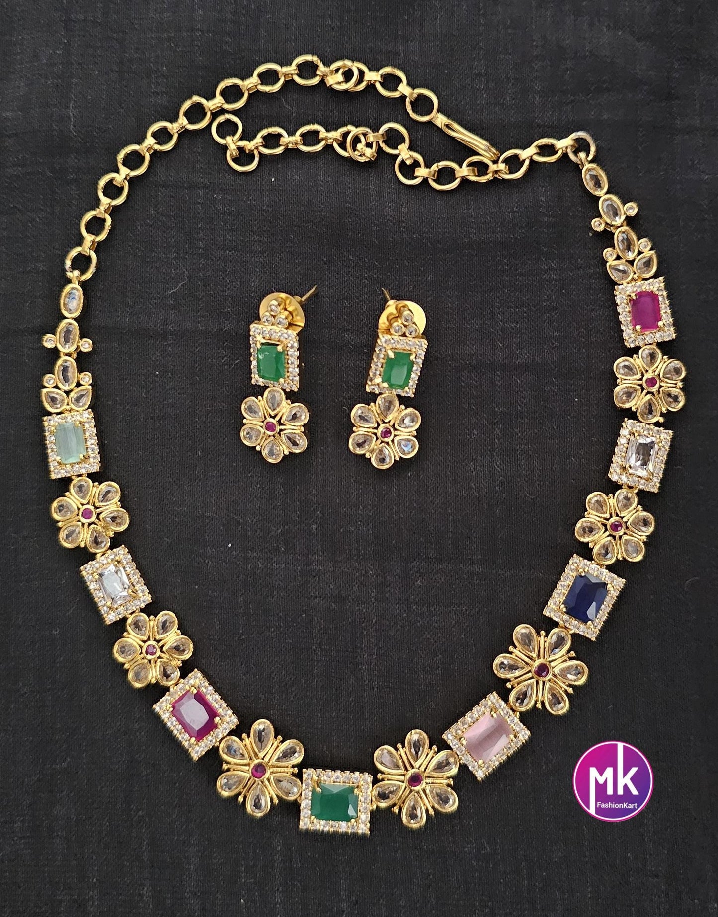 Premium quality Multi-color AD/CZ stone Flower design Necklace with cute Earrings - Gold Jewelry Replica Haram - MK Fashionkart