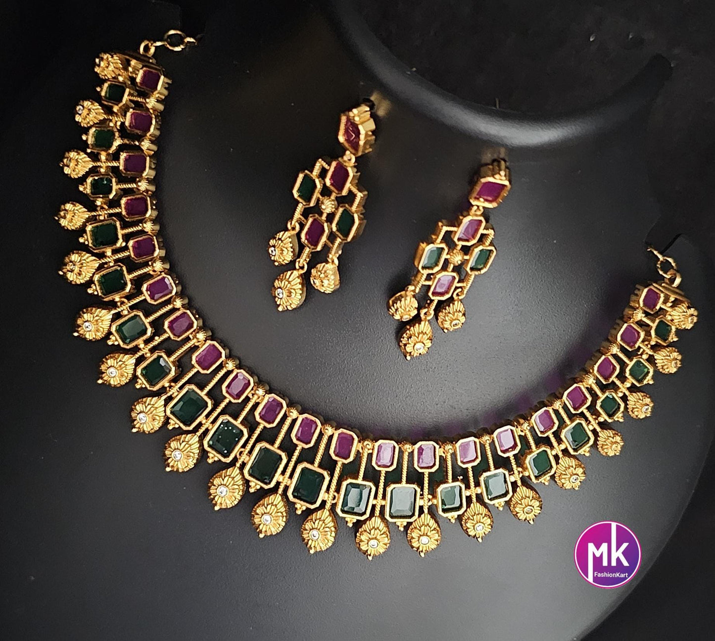 Celebrity Style Premium Quality Matte finish Choker cum Necklace with AD stones and Beautiful Earrings - Bridal Jewelry - MK Fashionkart