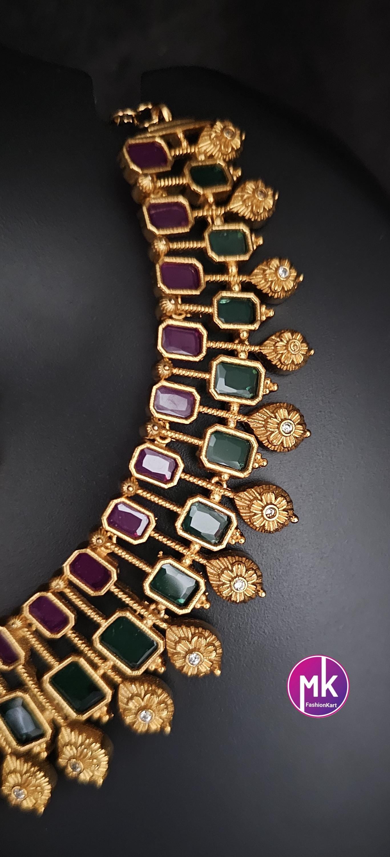 Celebrity Style Premium Quality Matte finish Choker cum Necklace with AD stones and Beautiful Earrings - Bridal Jewelry - MK Fashionkart