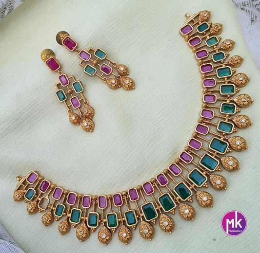 Celebrity Style Premium Quality Matte finish Choker cum Necklace with AD stones and Beautiful Earrings - Bridal Jewelry - MK Fashionkart